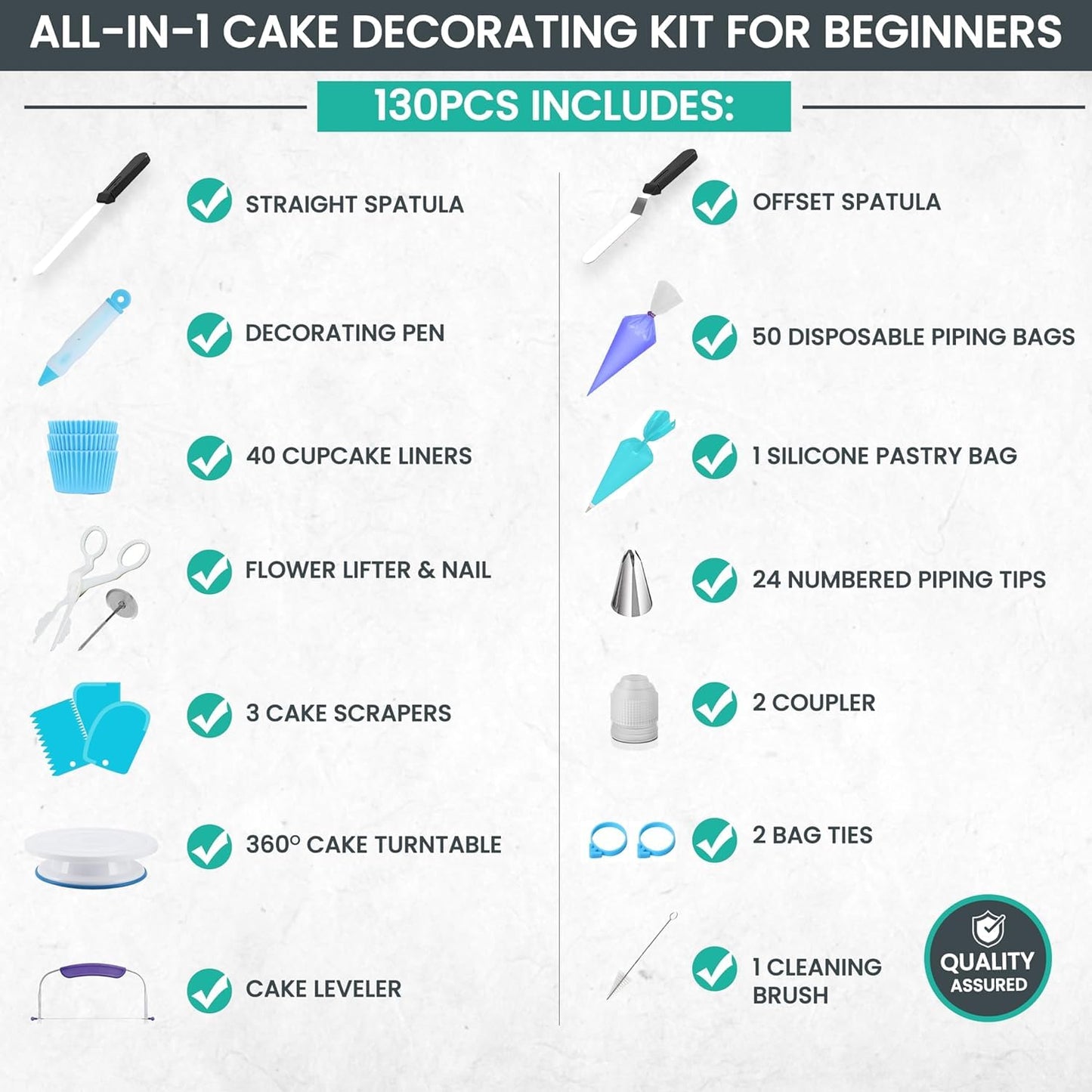 RFAQK 130 PCs Cake Decorating Kit Supplies with Cake Turntable-Cake leveler-24 Numbered Piping Tips with Pattern Chart & EBook- Straight & Offset Spatula-50 Piping Bags-3 Scraper Set-40 Cupcake Liners