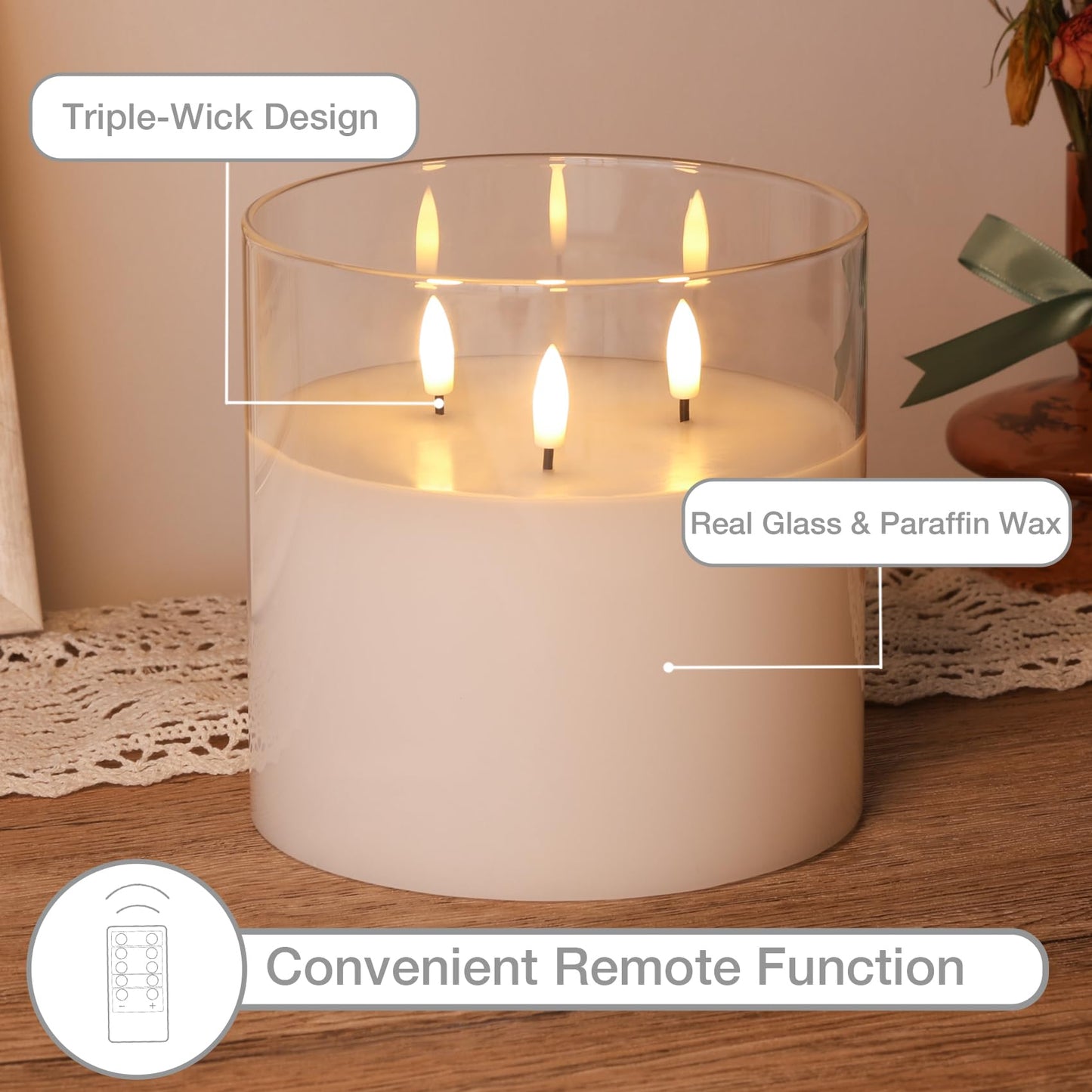 Eywamage 3 Wick Large Flameless Candles in Clear Glass, Flickering LED Battery Pillar Candle with Remote Φ 6" H 6"