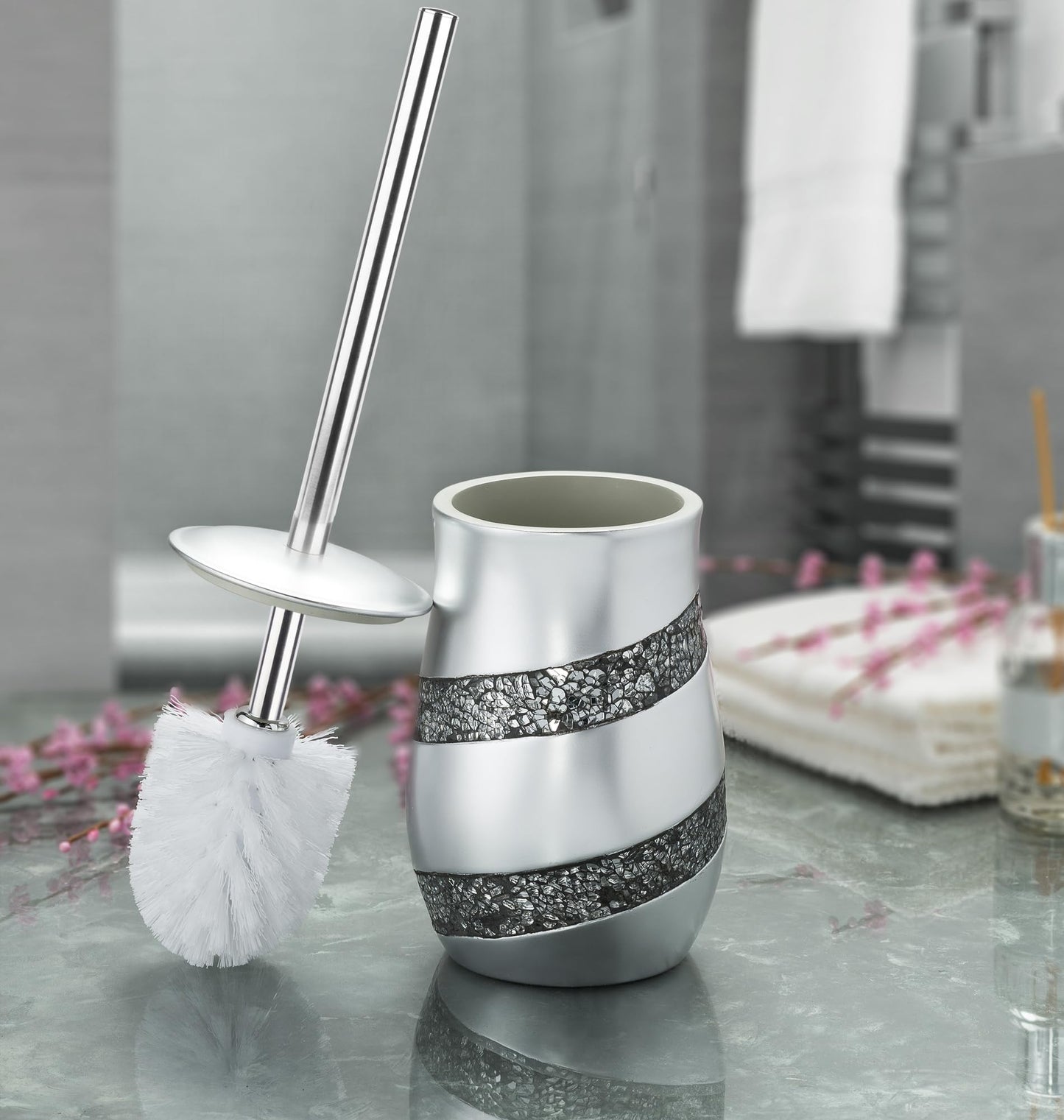 Creative Scents Toilet Brush and Holder Set - Silver Mosaic Toilet Bowl Brush and Holder, Toilet Cleaner Brush with Sturdy Stainless Steel Handle, Bathroom Toilet Scrubber Brush with Decorative Holder