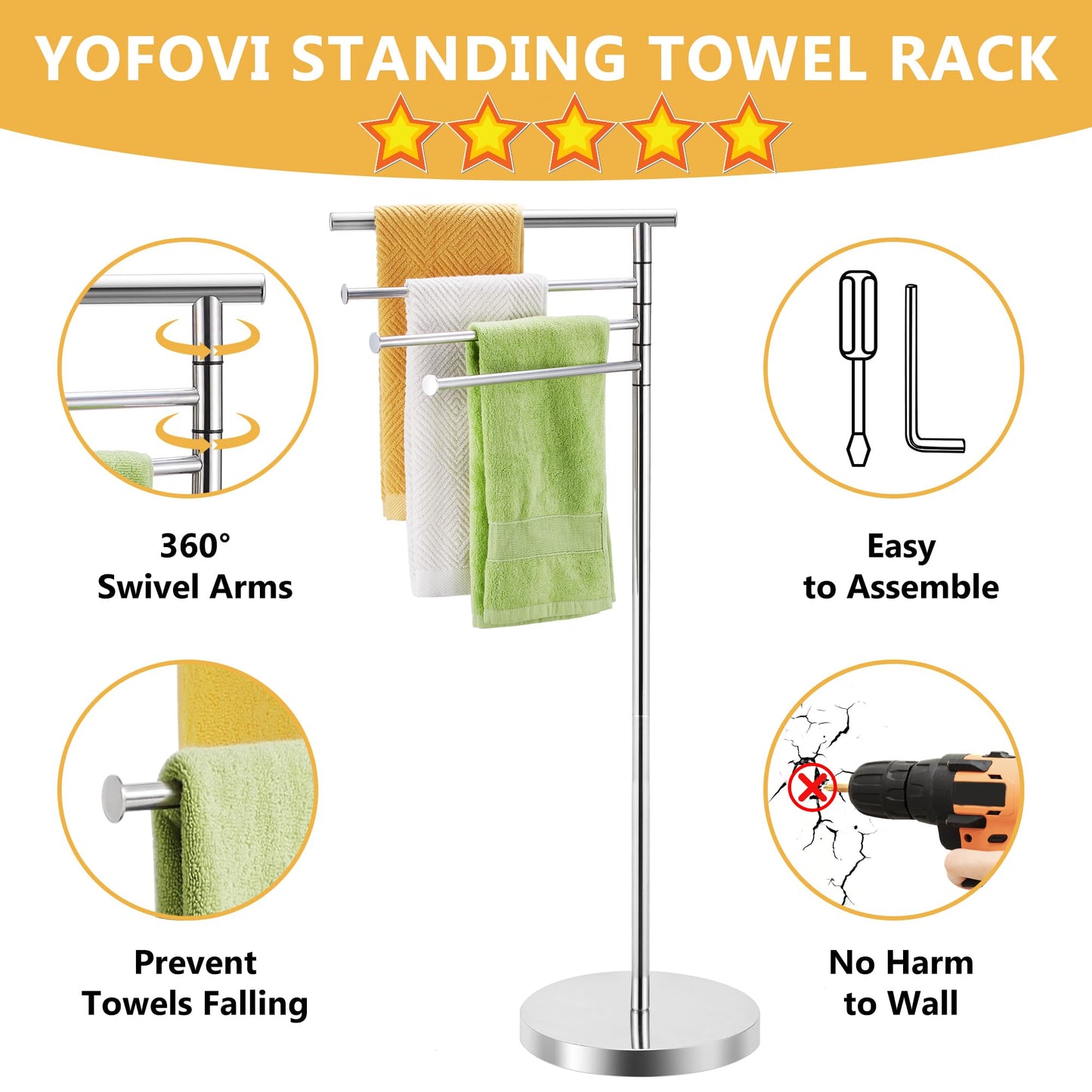 Towel Rack Bathroom, 40 Inch Tall Free Standing Towel Rack Stand with Weighted Base, Modern Floor Towel Drying Storage Holder with 4 Swivel Arms, Stainless Steel Chrome, YOFOVI