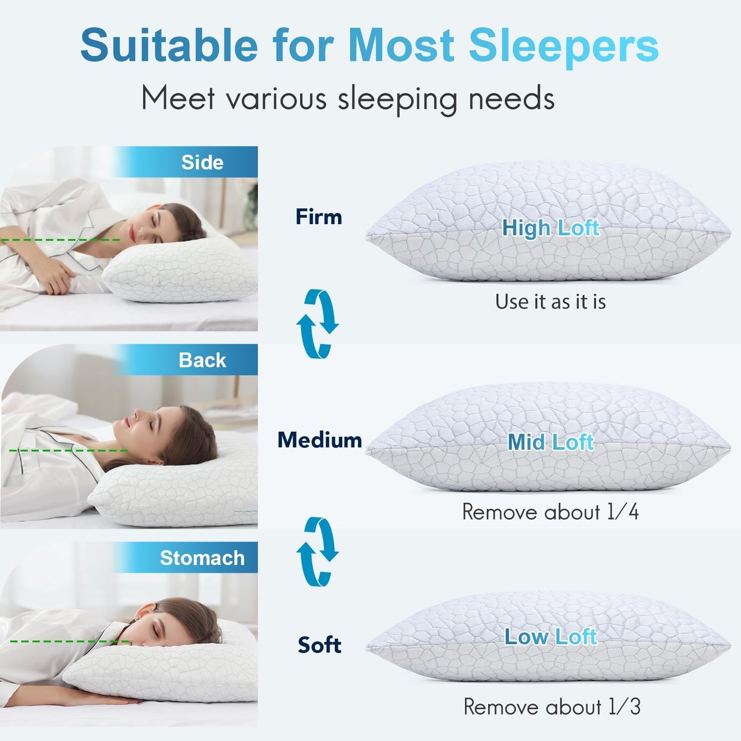 Cooling Memory Foam Pillow for Sleeping, Adjustable Shredded Memory Foam Bed Pillow, Breathable Cooling Fabric Cover, Soft & Supportive Pillow for Side Back Stomach Sleepers, Queen Size 1-Pack