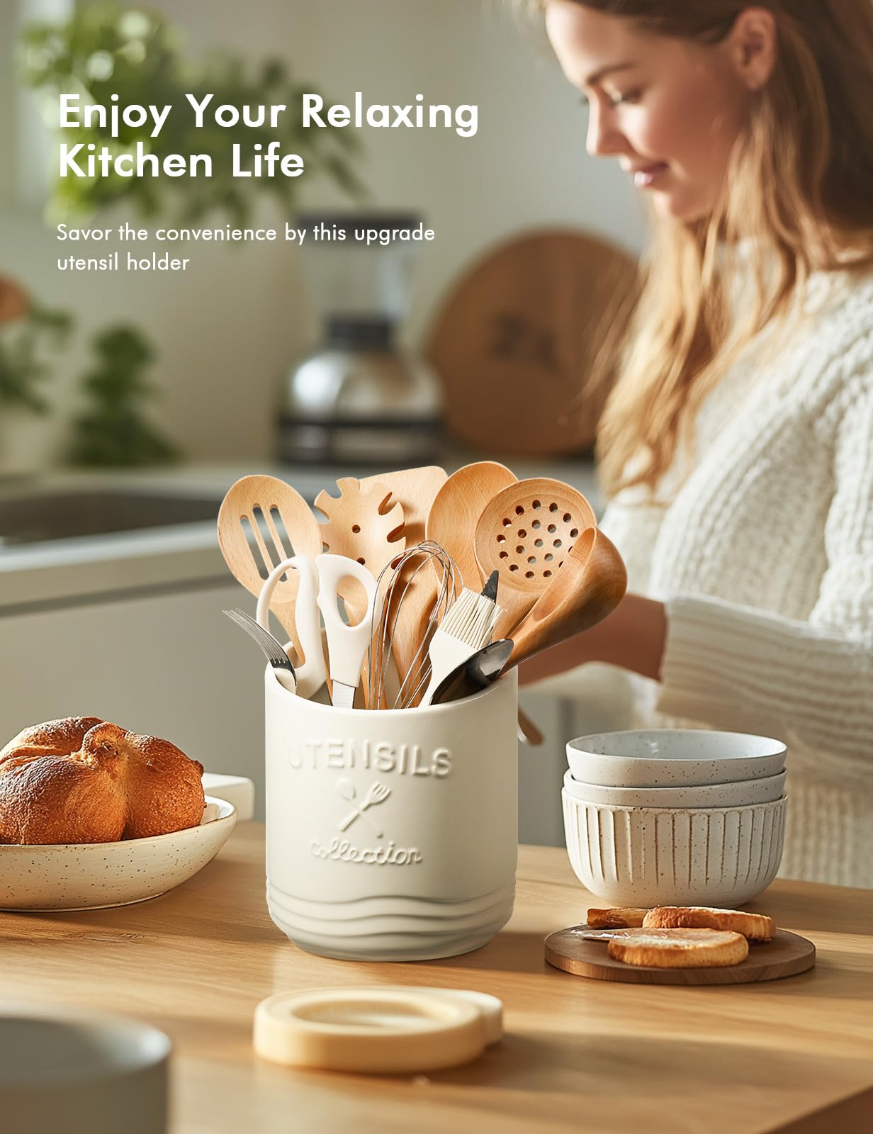 Utensil Holder for Counter,7.5" Large Kitchen Cooking Ceramic Utensil Holder for Farmhouse Décor,15° bevel design,Non-Slip Cork Base,White