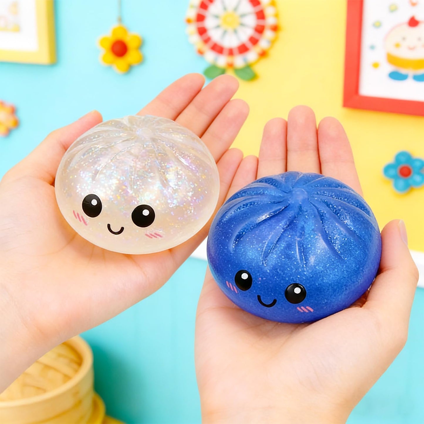 Dumpling Squishy Toy, 2PC Mystery Dumpling Squishy with Box, Glitter Squishy DumplingToy, Soft Squishy Stress Relief & Rebounding Sensory Fidget Toy for Adults