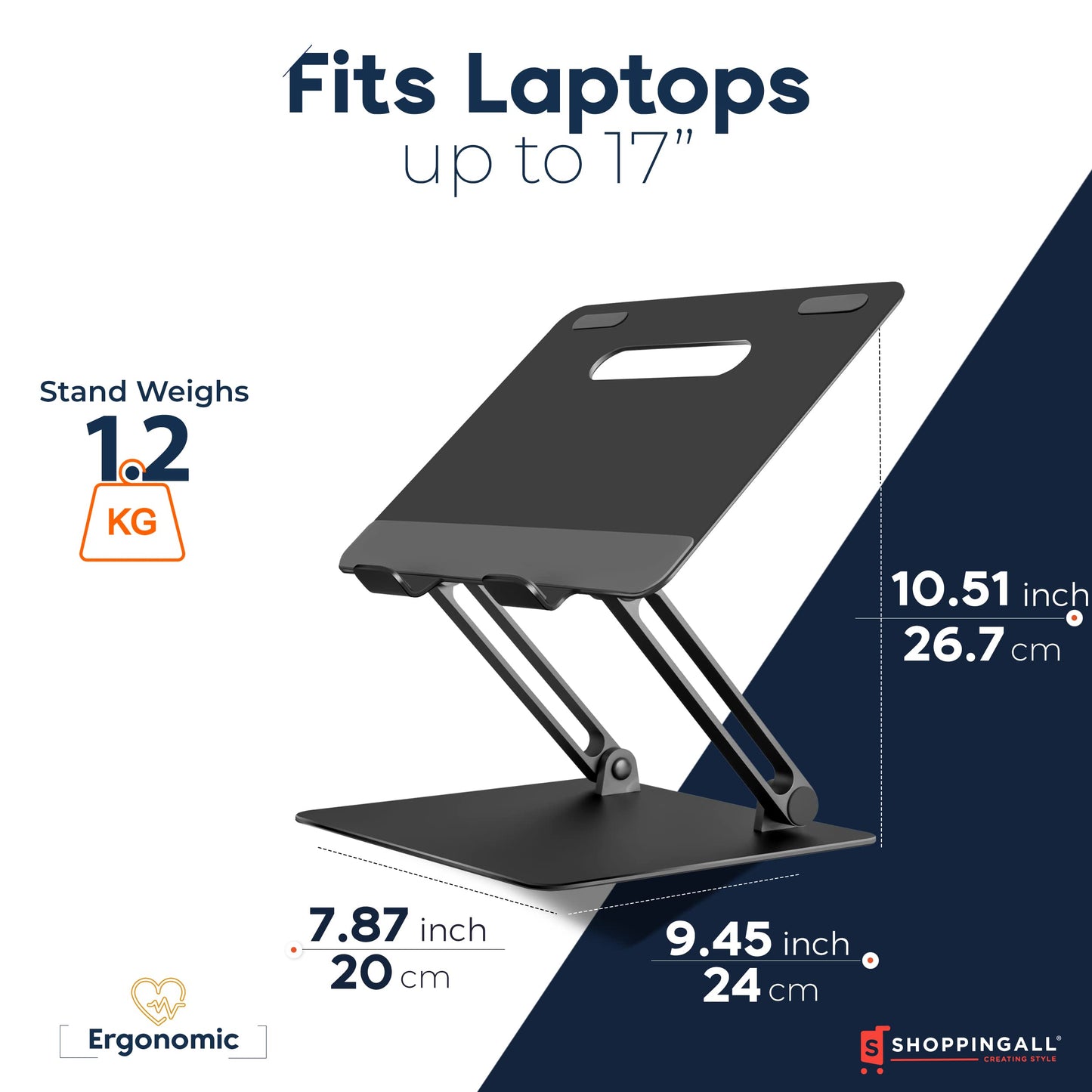 SHOPPINGALL Adjustable and Foldable Laptop Stand, Ergonomic and Portable Aluminum Laptop and Tablets Riser for Desk, Fits All Laptops and Notebooks and Tablets up to 17 Inch - SA-LS3-Black