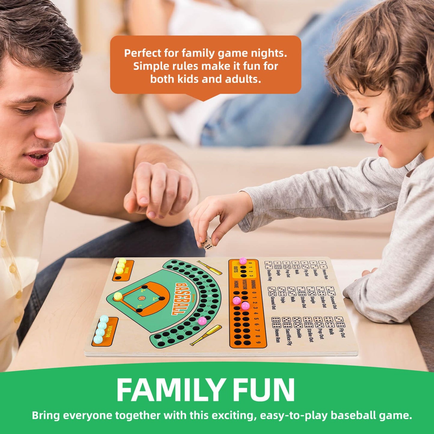 Jioustoy - Baseball Board Game, Wooden Dice Game with Marbles, Baseball Travel Game and Indoor Board Game for Camping, Family Gatherings, Baseball Gift for Teens and