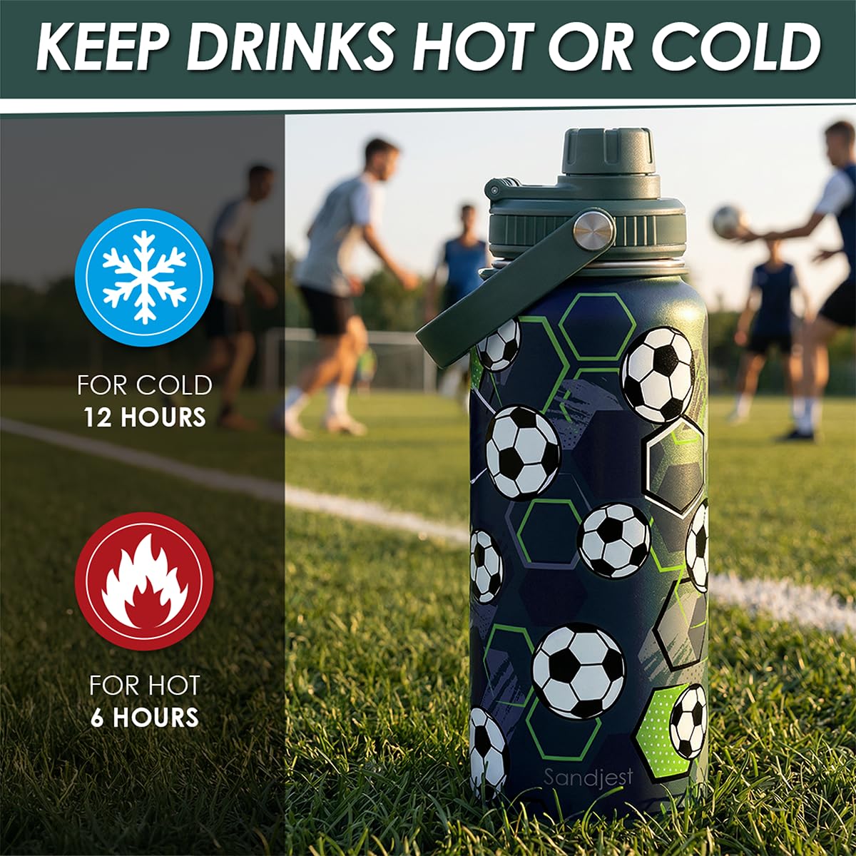 SANDJEST Soccer Water Bottle 32oz Stainless Steel, Travel Tumbler Vacuum Chug Lid Aesthetic Sport for Boys Men Friends Dad Brothers, Gifts for Fathers Day Birthday Christmas