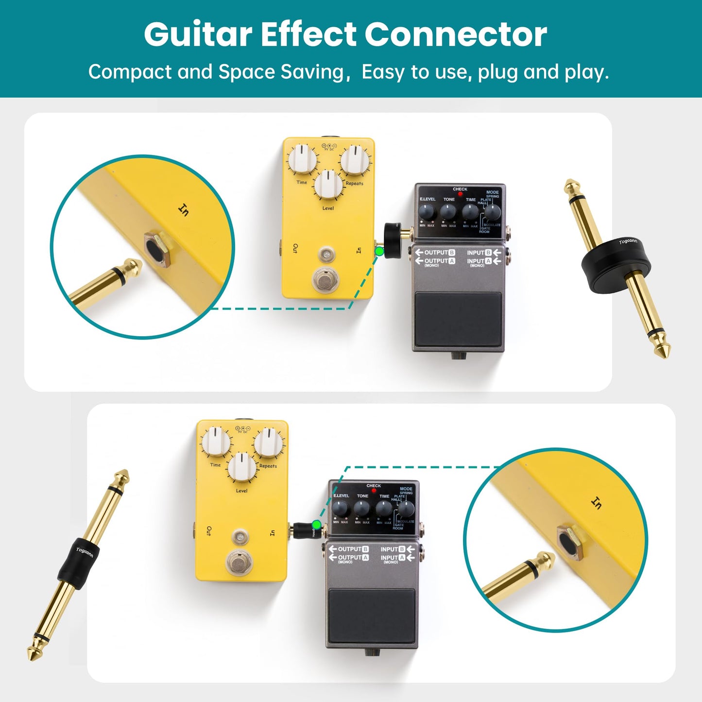 Togconn Gold-Plated Guitar Pedal Effects Patch Connector Coupler 10 Pack，6.35mm to 6.35mm Adapter, Angle 1/4 Quarter Inch TS Mono Male to Male Jack Plug, Audio Converter Premium Quality Series