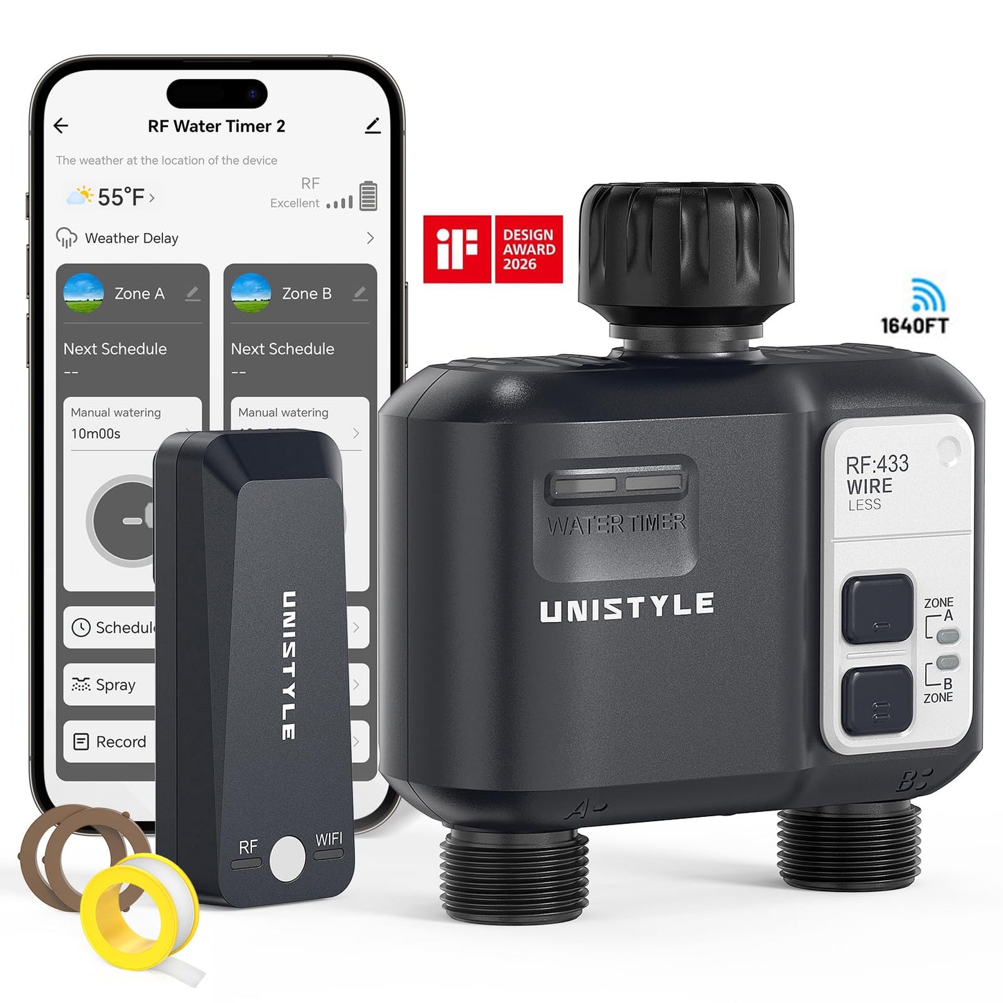 [All-New 2027] 1700FT WiFi Sprinkler Timer 2 Zone, Unistyle Smart Hose Timers Compatible Alexa & Google Voice and App Control, Water Timer for Garden Hose with Auto & Manual Modes for Garden Lawn
