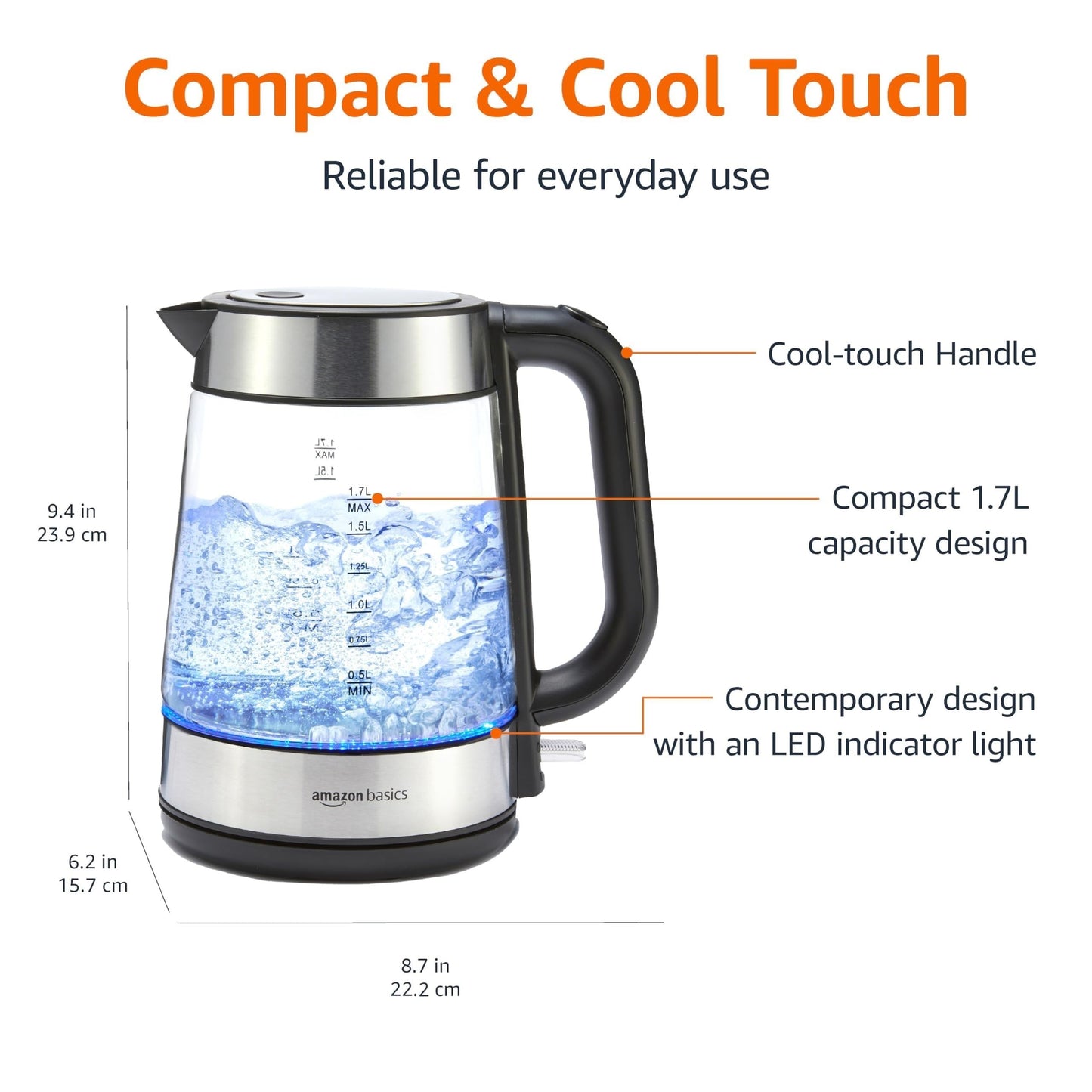 Amazon Basics 1.8-Qt (1.7L) Electric Kettle, Electric Tea Kettle & Water Boiler, With Auto Shut-Off, Boil Dry Protection, High-Safety Strix Thermostat, BPA-Free, 1500W, Glass Carafe, Black & Silver