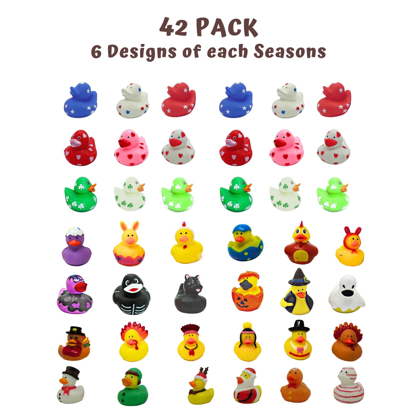 4E's Novelty Rubber Ducks for All Holidays, Bulk Pack of 42 - Includes 6 of Each Holiday, Valentines Day Rubber Ducks, Easter Duckies, Bath Toys for Kids, Gift for Jeep Owners, Jeep Ducking
