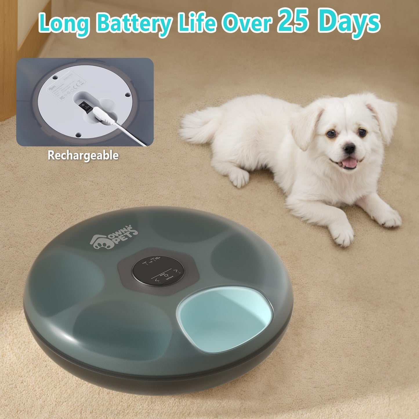 Ownpets 6 Meals Automatic Cat Feeder for Wet/Dry Food, with 2 Ice Packs, Programmable Timed Pet Food Dispenser, Cordless Rechargeable Battery Auto Feeder for Kitty/Small Dogs,Black
