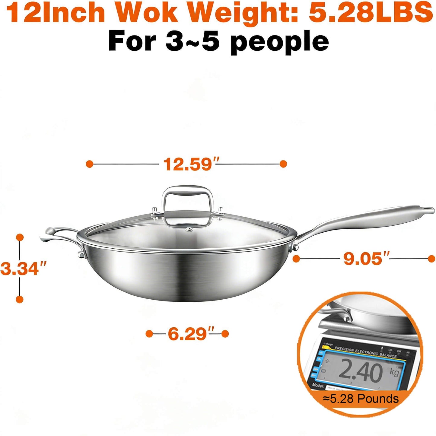 DELARLO Tri-Ply Stainless Steel Wok, 12 Inch Cooking Wok Pan with Lid, with Side Ear, Wide & Deep Cookware Stir-Fry Pans, Dishwasher and Oven Safe Up to 600°F, Works on Induction