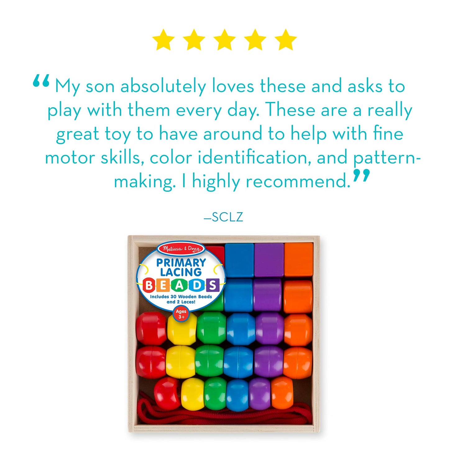 Melissa & Doug Primary Lacing Beads - Educational Toy with 30 Wooden Beads and 2 LacesFor Toddlers, Fine Motor Skills Lacing Toys for Toddlers and Kids Ages 3+