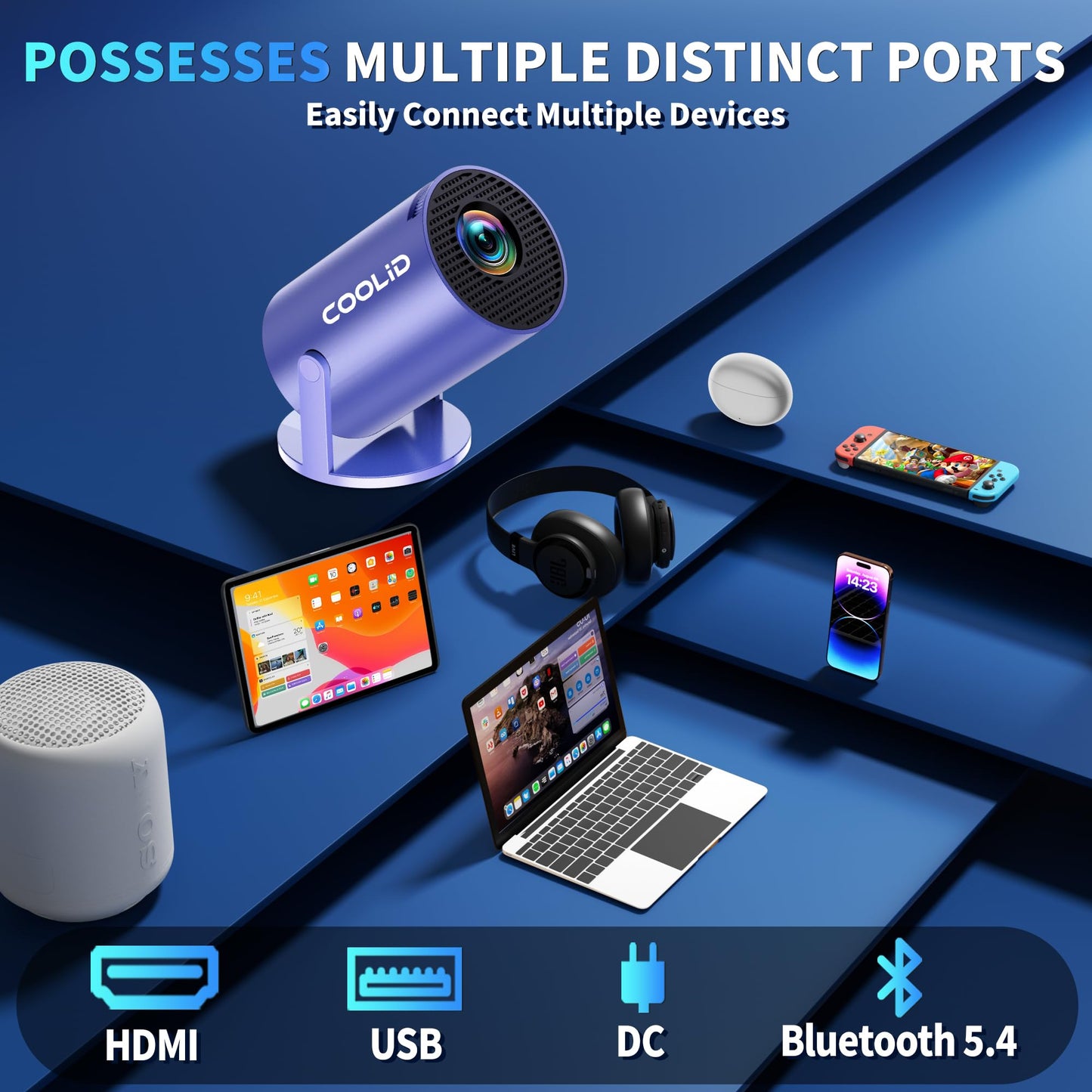 [Built-in Apps & 2026 Upgraded] Mini Projector Support 4K 1080P Auto Keystone 180° Rotatable with WiFi 6 and Bluetooth 5.4, Projector Portable Compatibile with HDMI/TV Stick/Memory Stick/Laptop-Purple