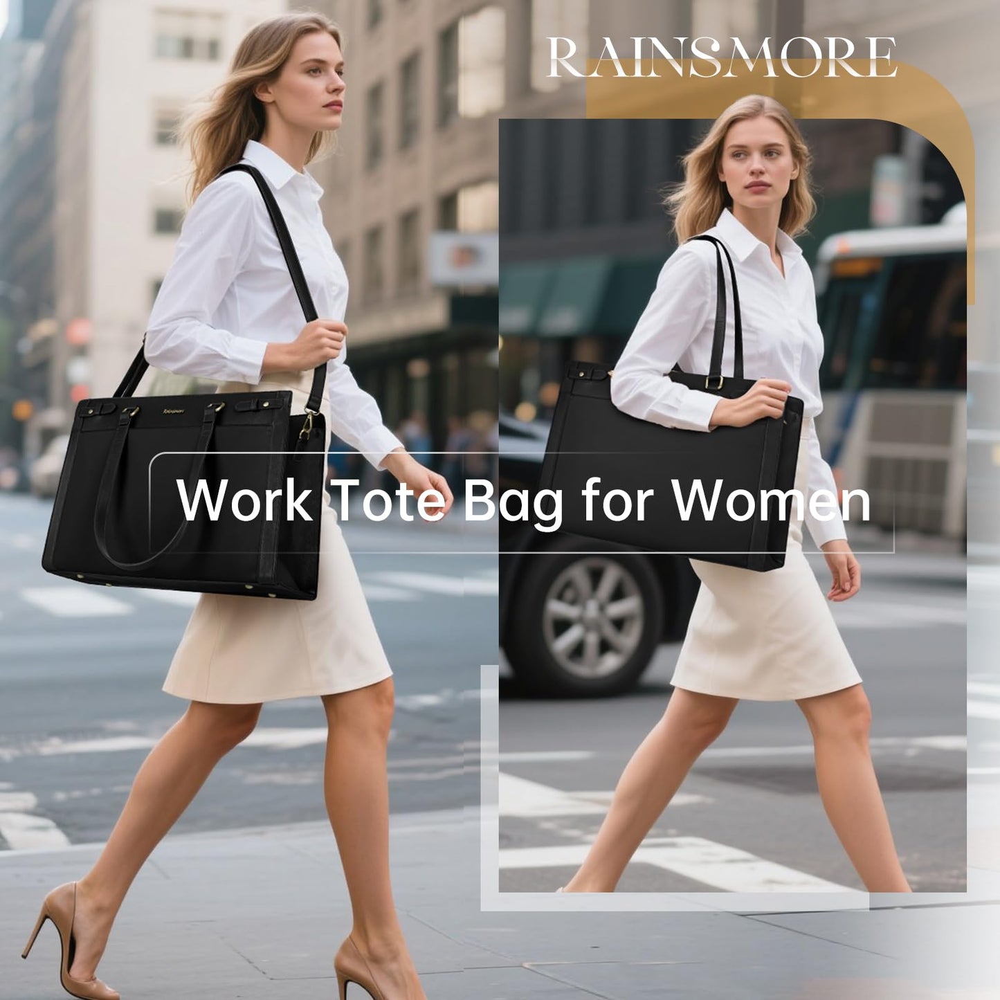 RAINSMORE Laptop Bags for Women 15.6 Inch PU Vegan Leather Work Tote Bag Waterproof Computer Bag Womens Briefcase Designer Satchel Bag for Office Teacher College Large Tote Purse Professional Black