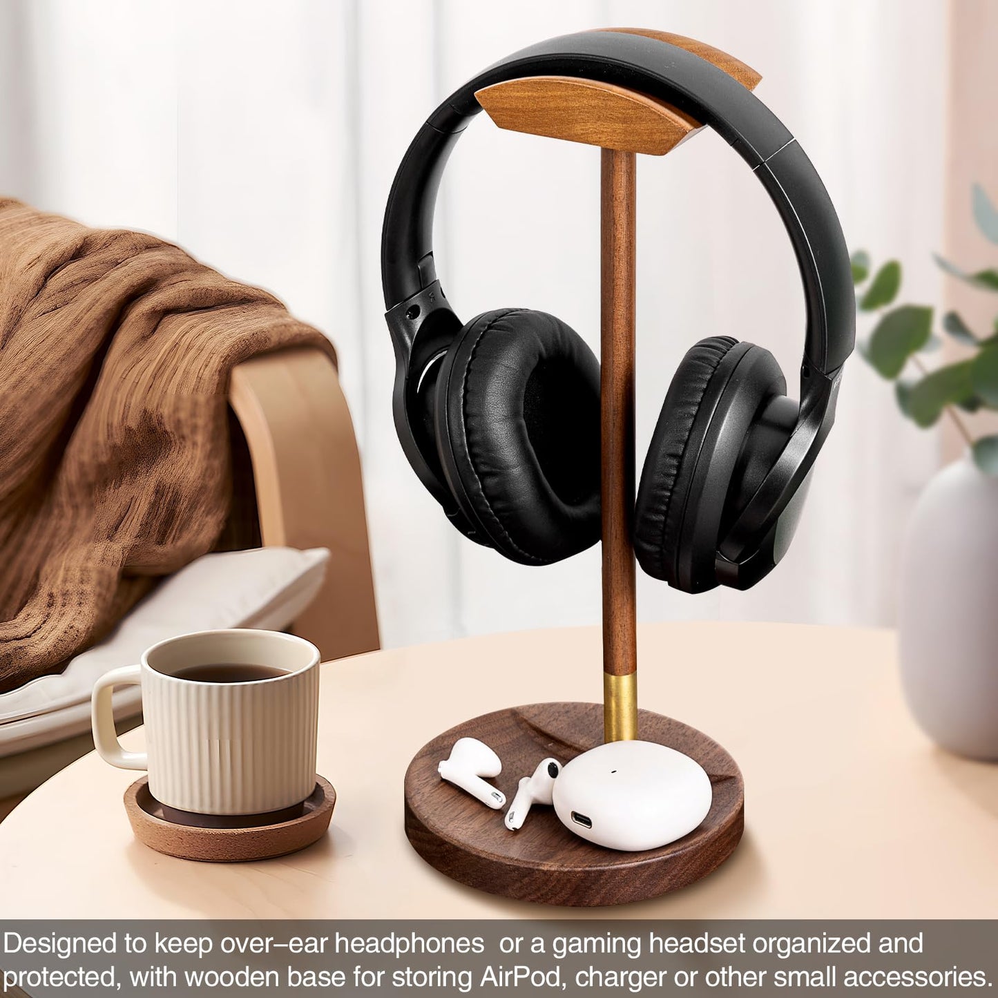 Headphone Stand for Desk, Solid Wood Gaming Headset Stand, Universal Wooden Headphone Stand Hanger, Wooden Headphone Holder with Storage Base for Airpod max and More