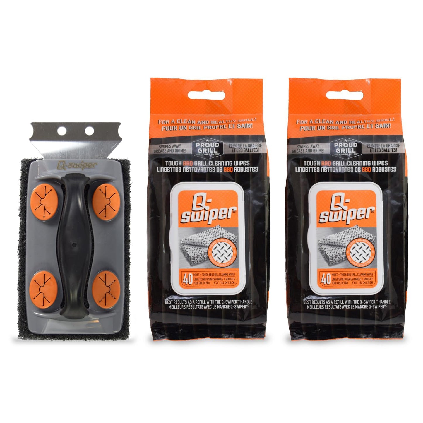 Q-Swiper BBQ Grill Cleaner Set - 1 BBQ Brush with Scraper and 80 Grill Cleaning Wipes | Bristle Free & Wire Free | Safe Way to Remove Tough Grease and Grime