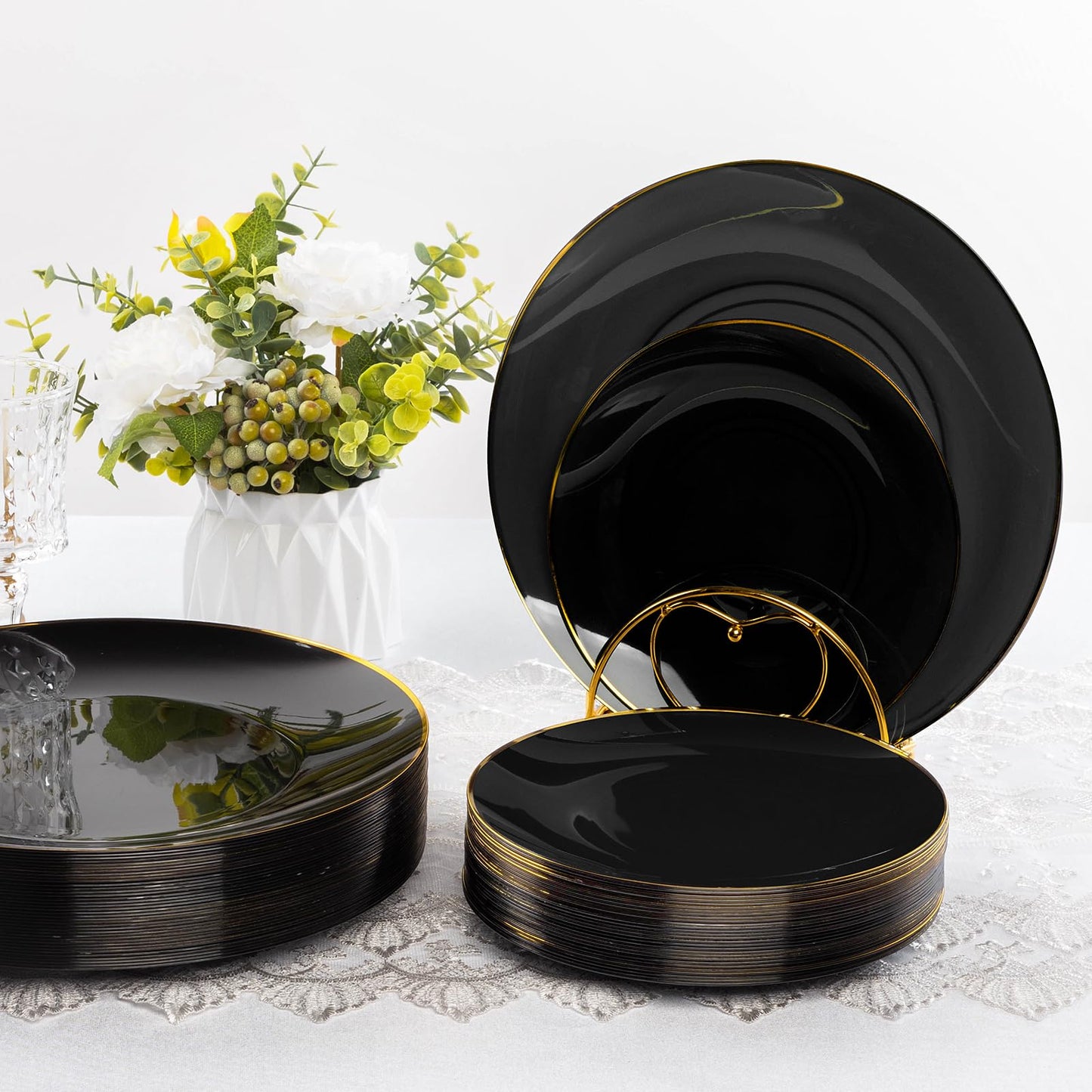 Bestluck 100PCS Black Plastic Plates with Gold Rim, Black Gold Disposable Plates for Party, Graduation and Wedding, Include 50 Dinner Plates, 50 Dessert Plates for 50 Guests