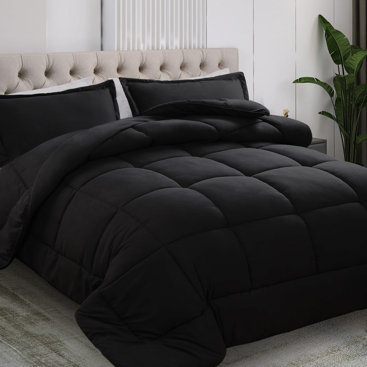 All Season King Size Comforter Set 3 PCs, Premium 350GSM Soft Quilted Down Alternative Comforter+2 Pillow Shams with Corner Tabs-Machine Washable Black, King（90 * 102）