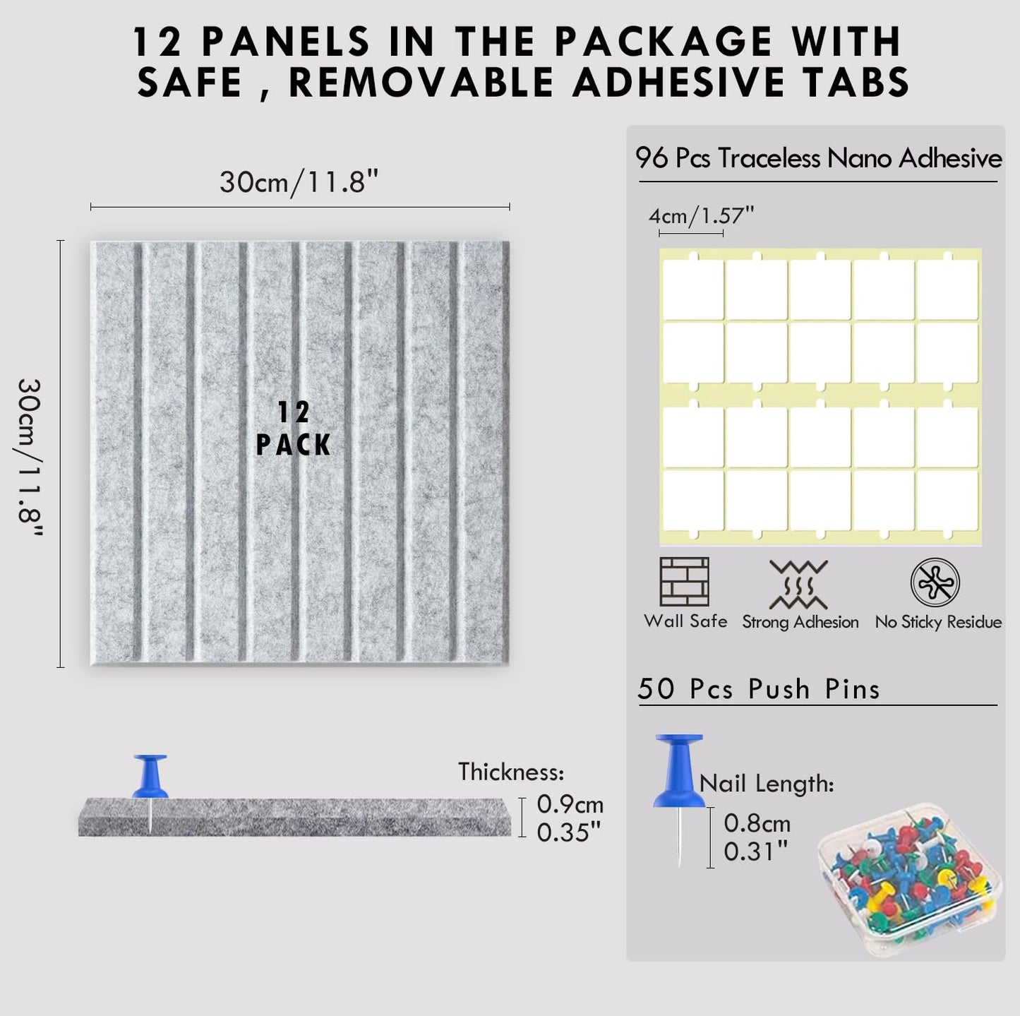 InnoStars Large Cork Board Alternative, 47" x 35" 12 Pack Felt Wall Tiles with Safe Removable Adhesive Tabs and 50 Push Pins - Pin Board for Office - Light Grey