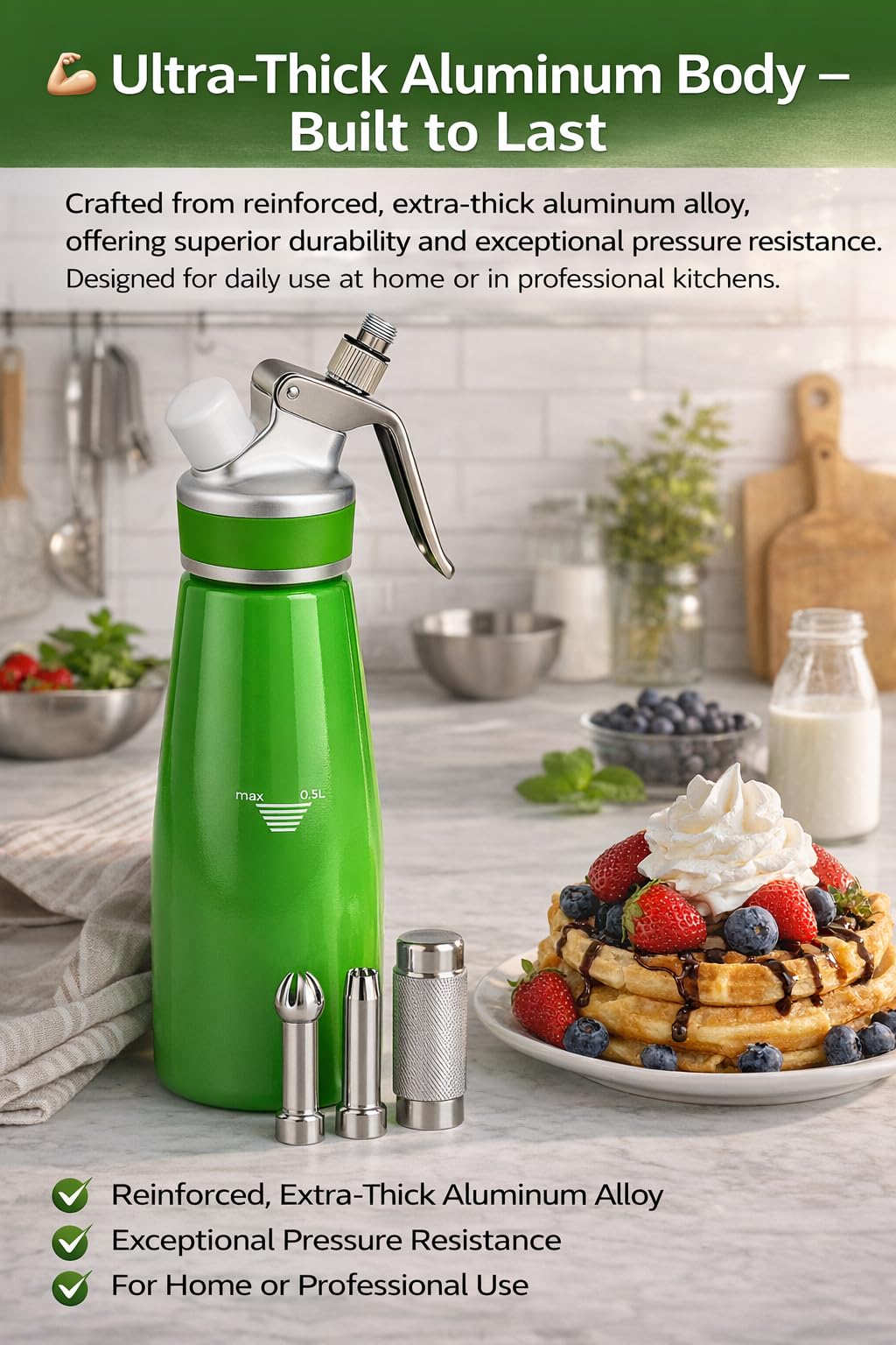 Professional Whipped Cream Dispenser – Ultra-Thick Aluminum Body & Stainless Steel Nozzle, 500ml/1000ml, Multiple Colors – Heavy Duty Cream Whipper for Desserts, Coffee, Cocktails–500ML-White