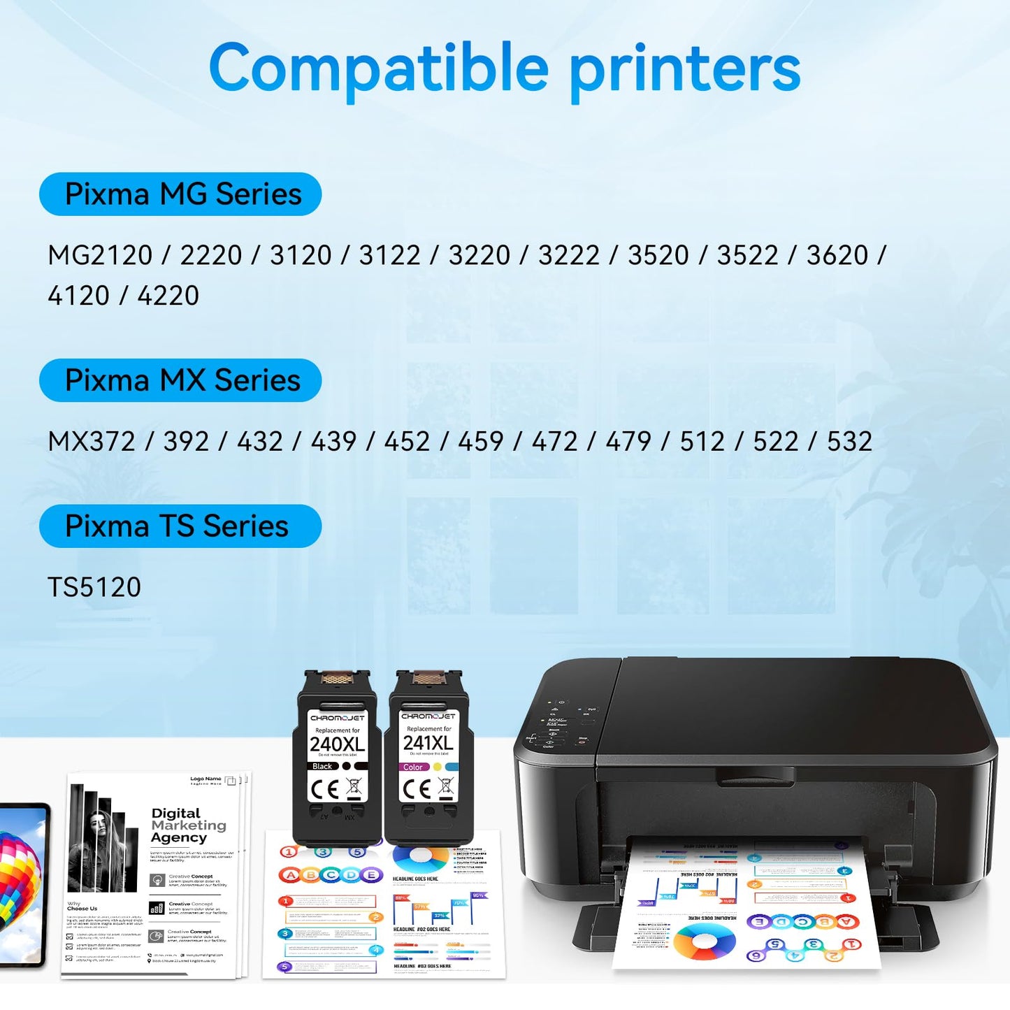 Chromojet PG-240XL/CL-241XL Ink Cartridges Compatible for Canon 240XL 241XL Combo Pack Printer Ink 240 241 PG240XL CL241XL Fit for PIXMA MG3620 MG3600 TS5120 TS5100 MG3220 MG3520 MG2120 MX472 (2 Pack)