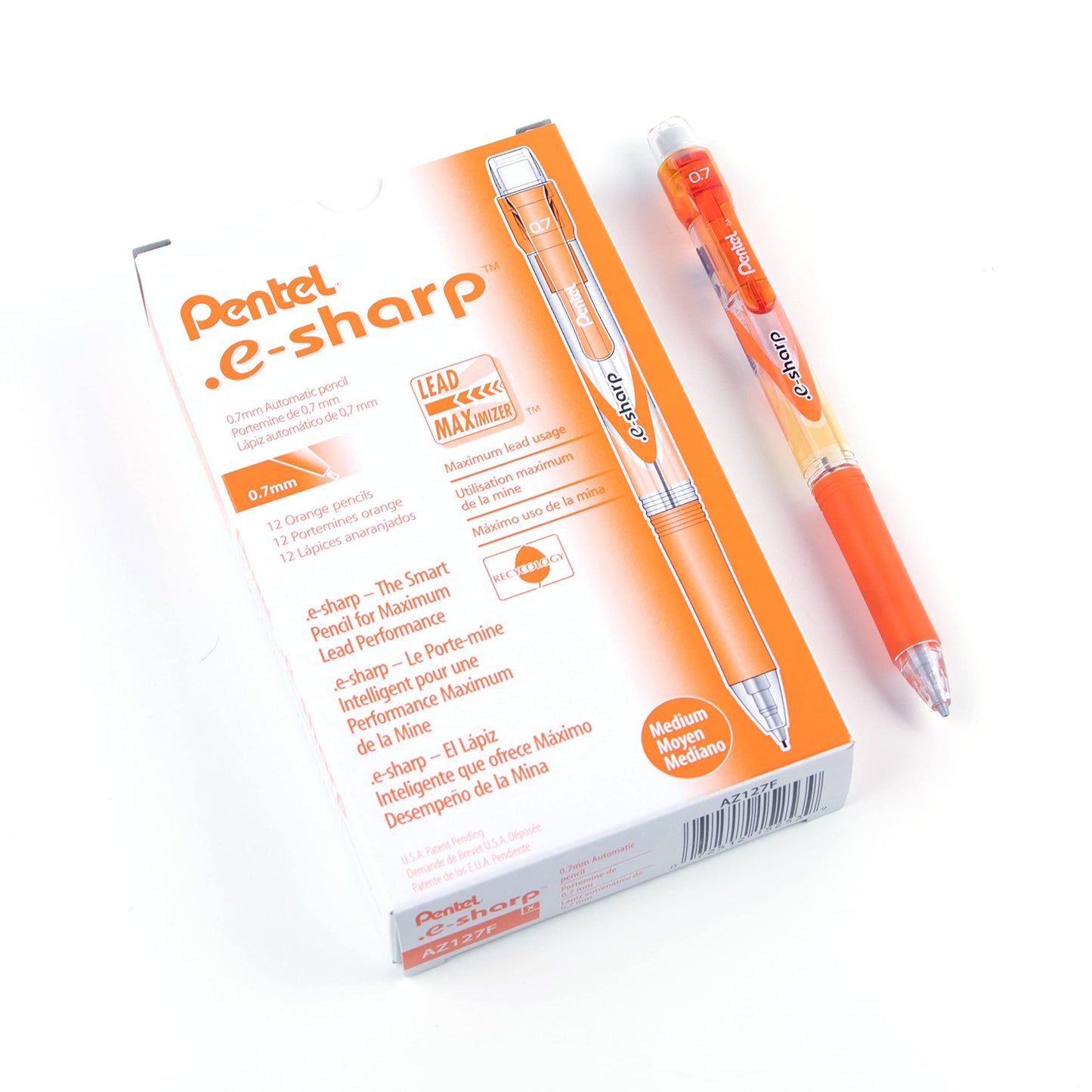 Pentel .E-Sharp Mechanical Pencil with the Pentel Lead Maximizer, Writing, Drawing, School Supply, Pre-loaded with Lead, 0.7mm Medium Point, Orange Barrel, AZ127-F, Box of 12