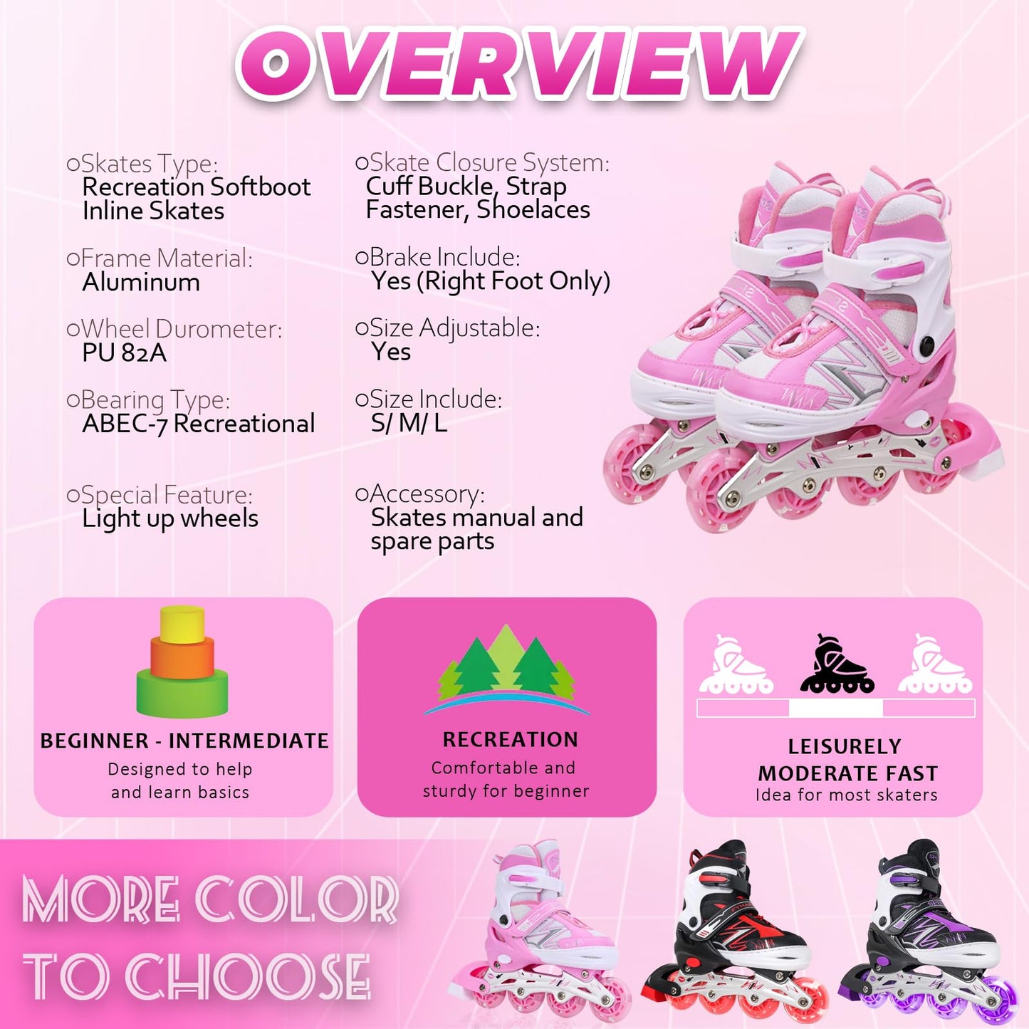Adjustable Inline Skates for Kids Girls Children Beginners, Pink Inline Roller Skates with Light Up Wheels for Kids and Youth for Sports (Small)