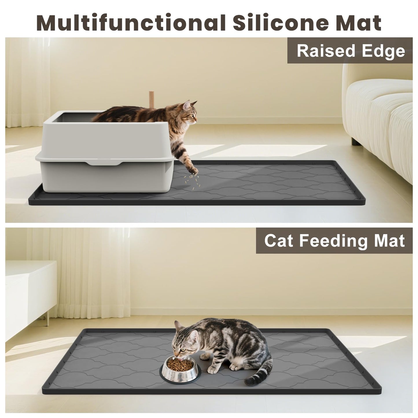 Cat Litter Box Mat, 38" X 26" Large Silicone Cat Litter Trapping Mat, Easy Clean for Scatter Control, Soft on Kitty Paws, Waterproof, Urine-Proof, Non-Slip Kitty Litter Mat for Floor, Black