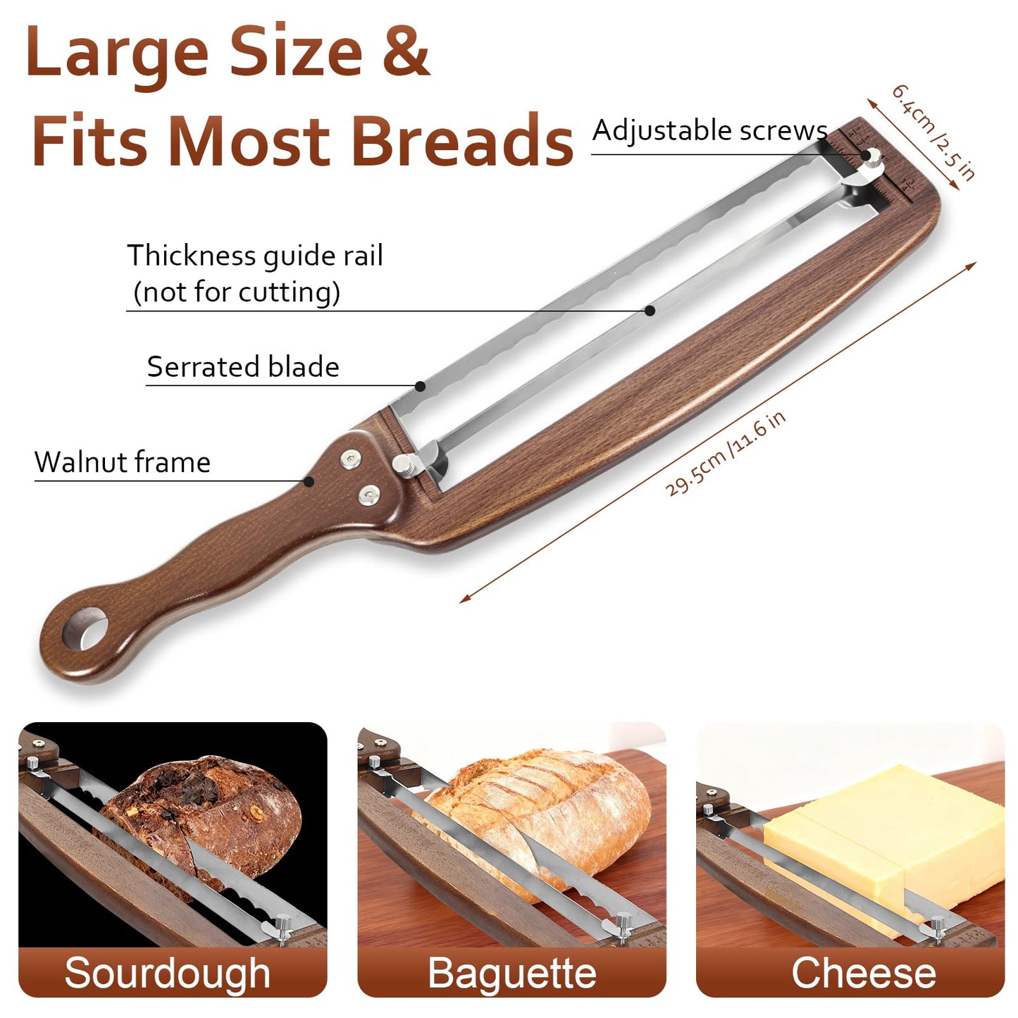 Bread Slicer for Homemade Bread,Adjustable Wooden Sourdough Bread Knife with Thickness Guide & Ultra-Sharp Serrated Blade, Perfect Cutter for Crusty Baguette,Loaves,and Cake,Great Gift for Baker