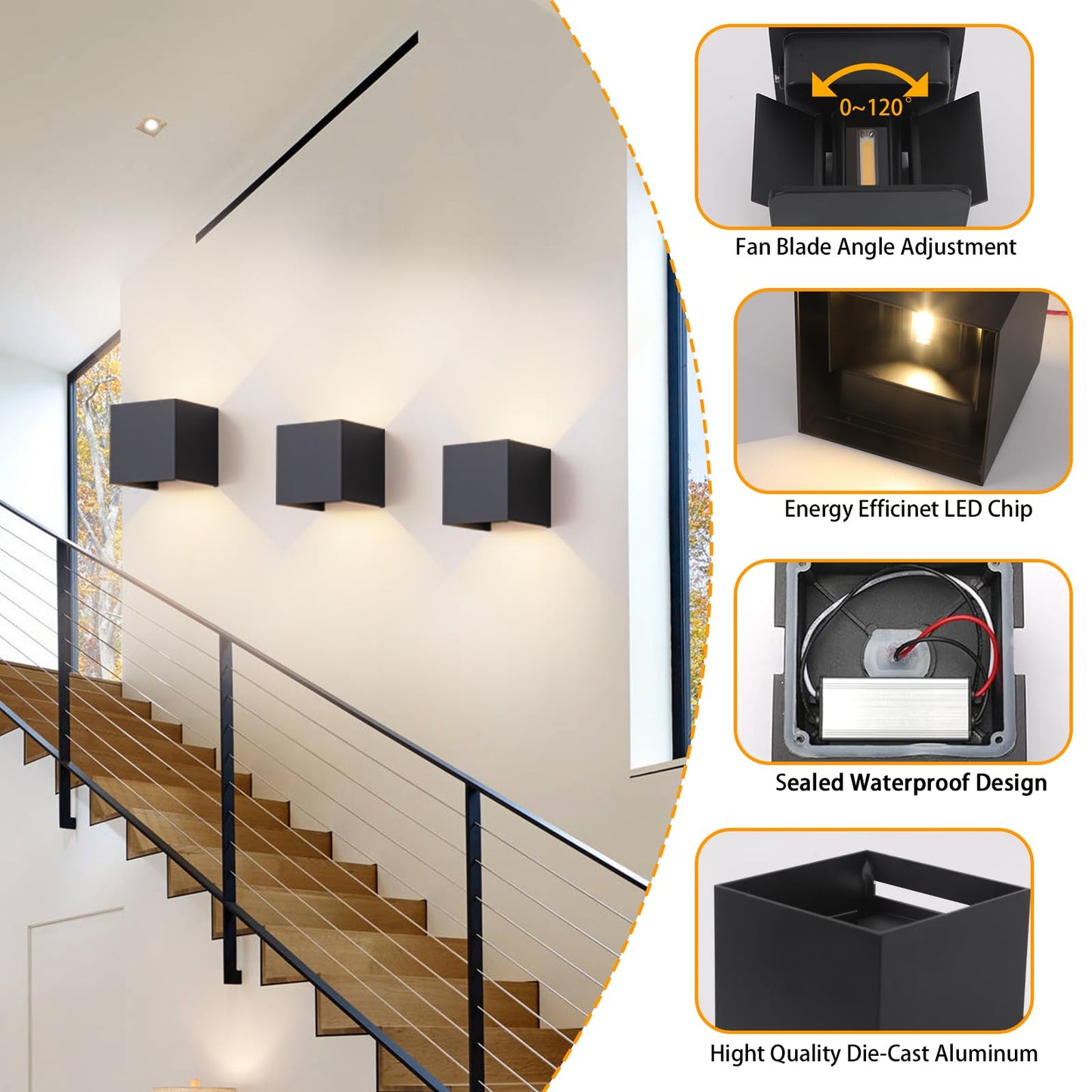 4 Pack Outdoor Wall Sconces Exterior/Interior LED Wall Lights,Square Modern Wall Sconce Fixture Set, Up and Down Lights IP65 Outdoor Waterproof Lights, 12W Warm Light 3000K Wall Light.