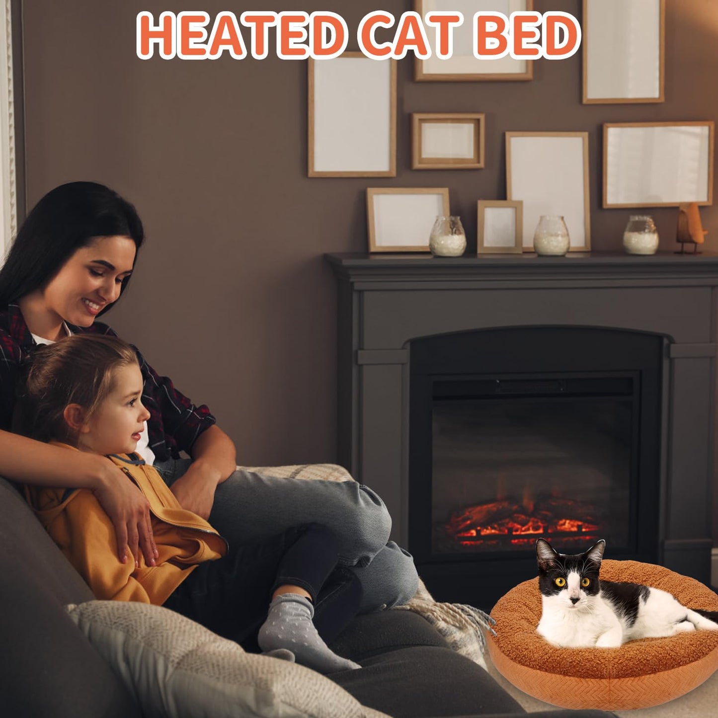 AUPETEK Heated Cat Beds for Indoor Cats Round Warming Cat Beds Super Soft Machine Washable Thermo Kitty Electric Heating Bed （Brown 20 Inches Round）