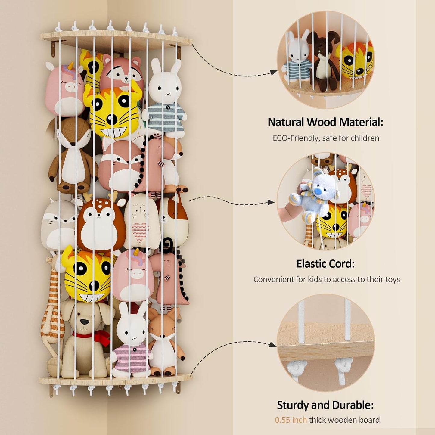 Wood Stuffed Animal Storage Corner Cage, Large Stuffed Animal Holder with Led Light & Adjustable Length, Nursery Wall Hanging Plush Toy Stuffed Animal Zoo Organizer for Kids Room Bedroom