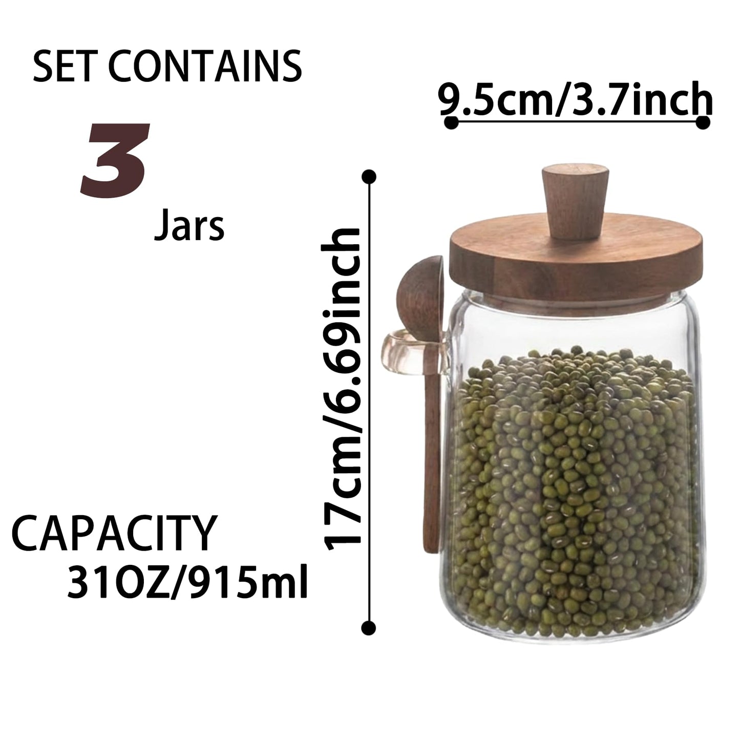 Set of 3 Glass Jars Containers with Airtight Wooden Lids and Scoop，Piscepio Clear Canister Jars Set with Spoon for Kitchen Food Storage Coffee Tea Sugar Decorative Countertop Organization Jars 31 oz