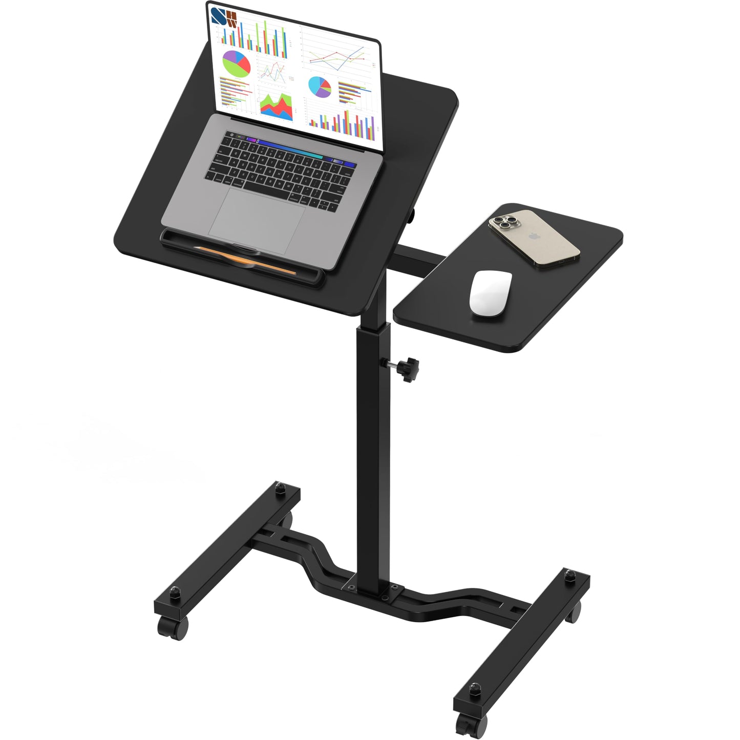 SHW 28.75" to 40.5" Height Adjustable Rolling Laptop Cart with Tilting Desktop and Side Shelf, 73 to 103.9 cm, Black