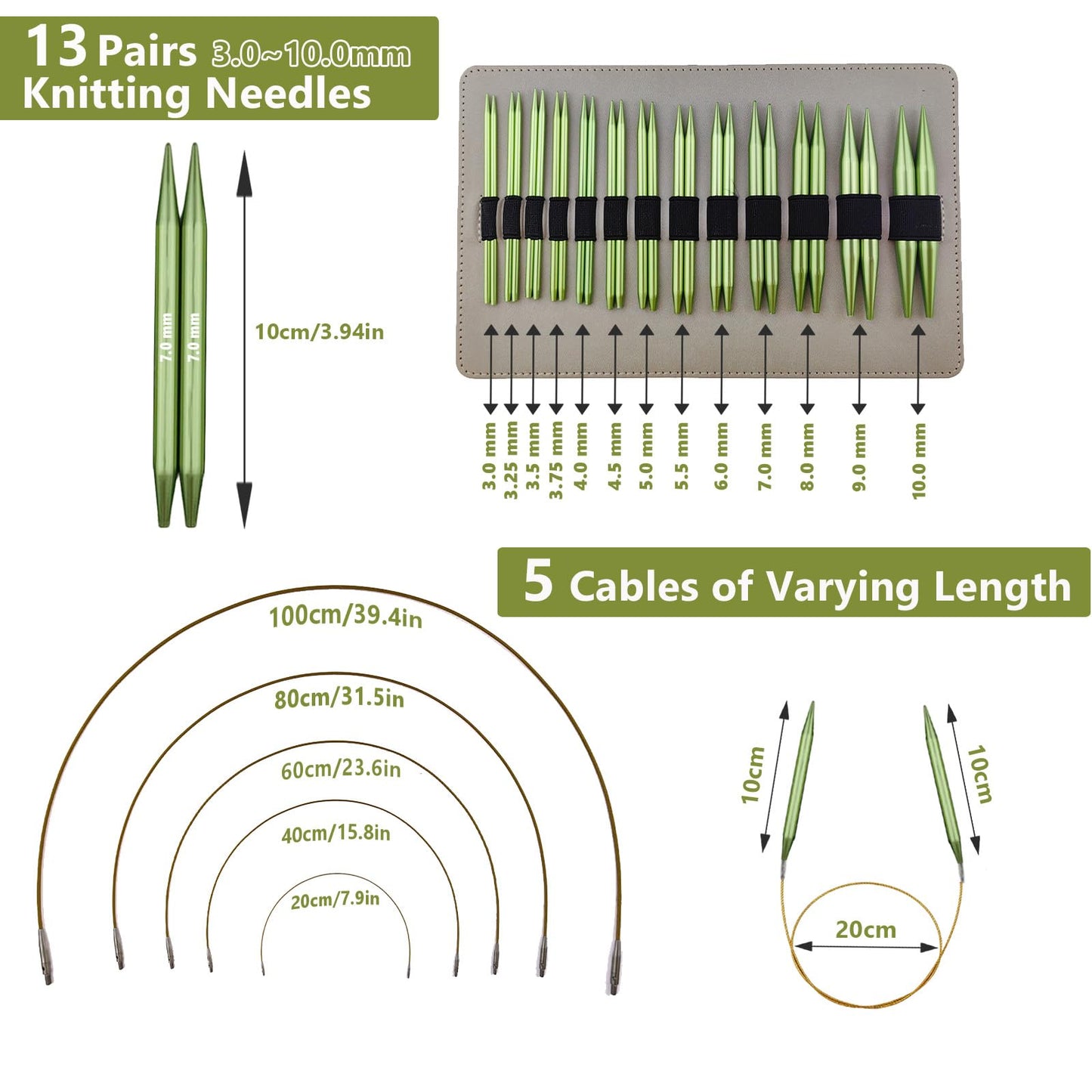 4-inch Knitting Needles Set, 13 Pairs Interchangeable Circular Knitting Needles Set Aluminum US Sizes 2.5, 3, 4, 5, 6, 7, 8, 9, 10, 10.75, 11, 13, 15 with 5 Cables, Knitting Accessories and Case (Green)