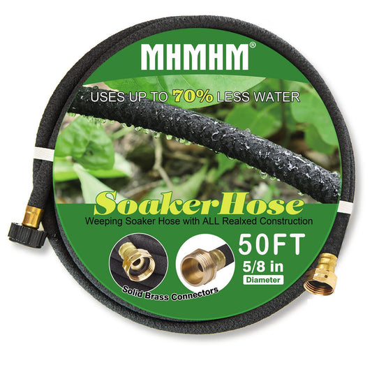 MHMHM 5/8" Soaker Hose 50FT for Garden Drip Hose Irrigation System with Solid Brass Fitting for Lawns Flower Beds & Vegetable Gardens (50FT)
