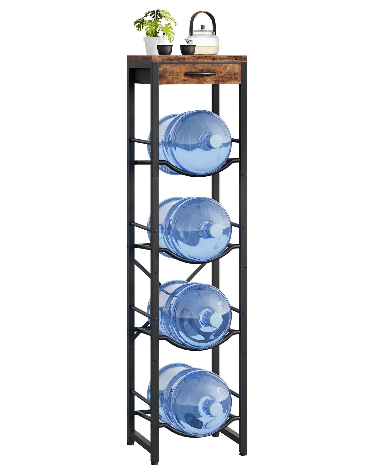 CHOEZON 5-Gallon Water Jug Holder, Water Bottle Holder, 4-Tier Kettle Storage Shelf with Drawer, Heavy Duty Jug Organizer, for Kitchen, Black and Rustic Brown TCJ34BF