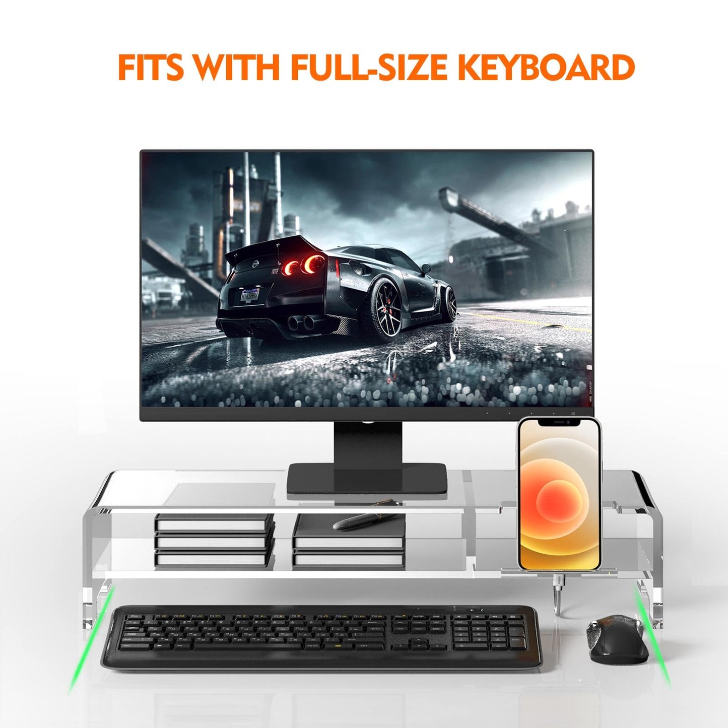 BEYGORM Acrylic Monitor Stand for Full Keyboard, 20" Wide 2-Tier Riser with Storage Shelf and Phone Holder, Desktop Organizer for Laptop, Printer, Screen (Clear)
