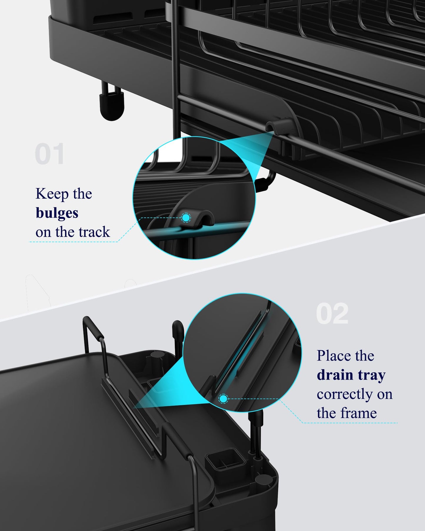 Kitsure Large Dish Drying Rack - Extendable Stainless Steel, Anti-Rust Kitchen Counter Rack with Cutlery & Cup Holders, 67.8 x 32.8 x 15.0cm, Black