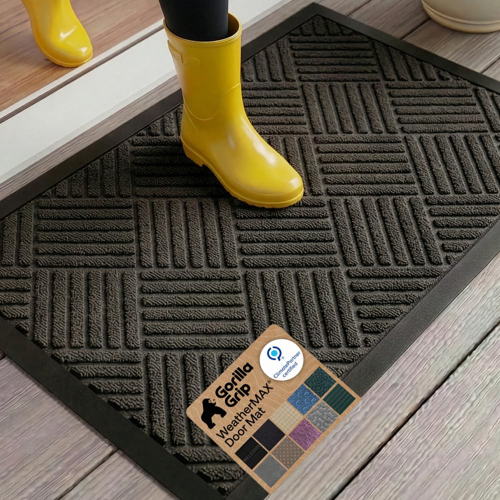 GORILLA GRIP Durable Natural Rubber Door Mat, Waterproof, 23x35, Low Profile, Heavy Duty Welcome Doormat for Indoor and Outdoor, Easy Clean, Rug Mats for Entry, Patio, Busy Areas, Gray Diamond