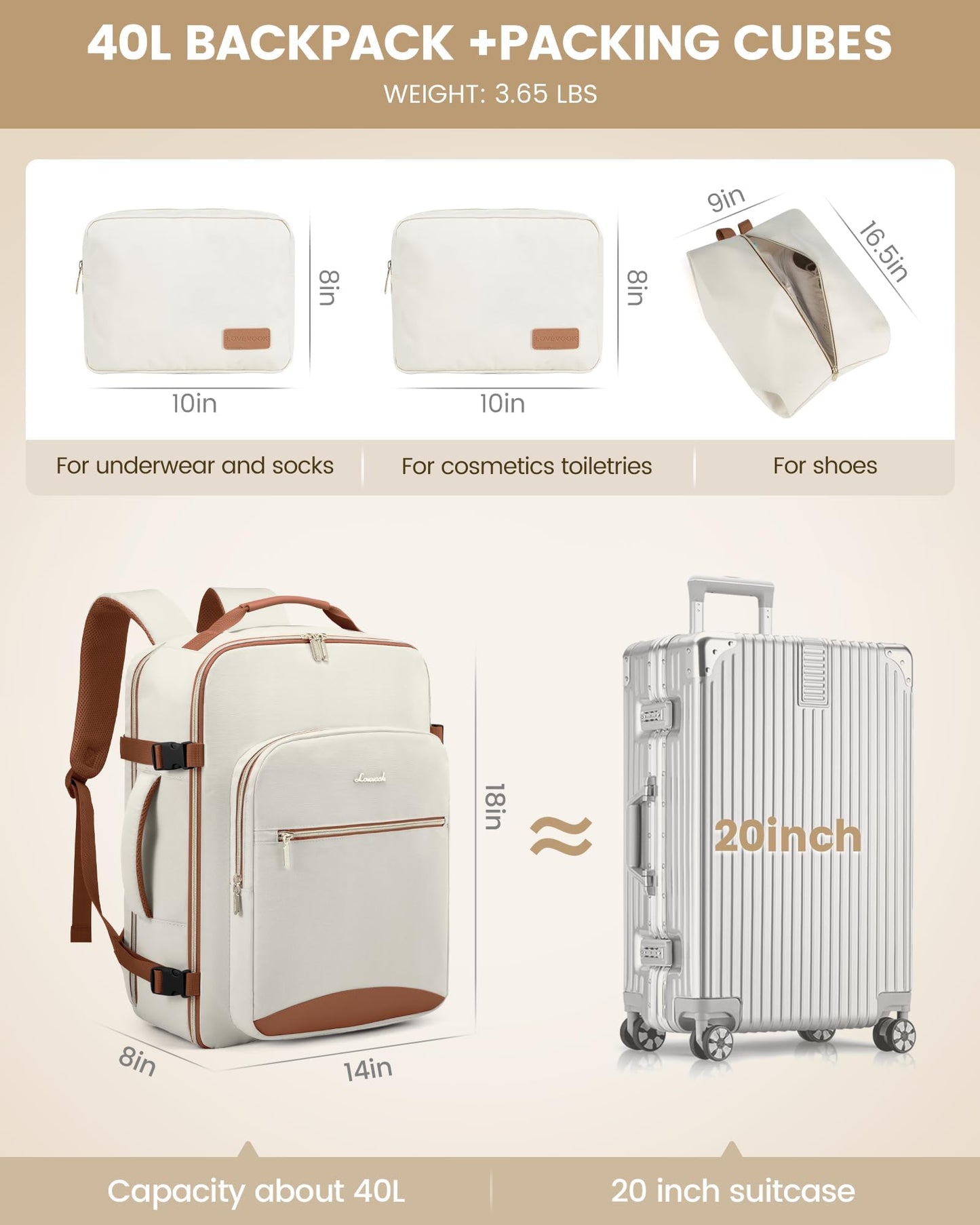LOVEVOOK Travel Backpack Women, Flight Approved Carry On with 17.3inch Laptop Compartment, Personal Item with 3 Packing Cubes, Perfect for College, Hiking, Overnight, Beige