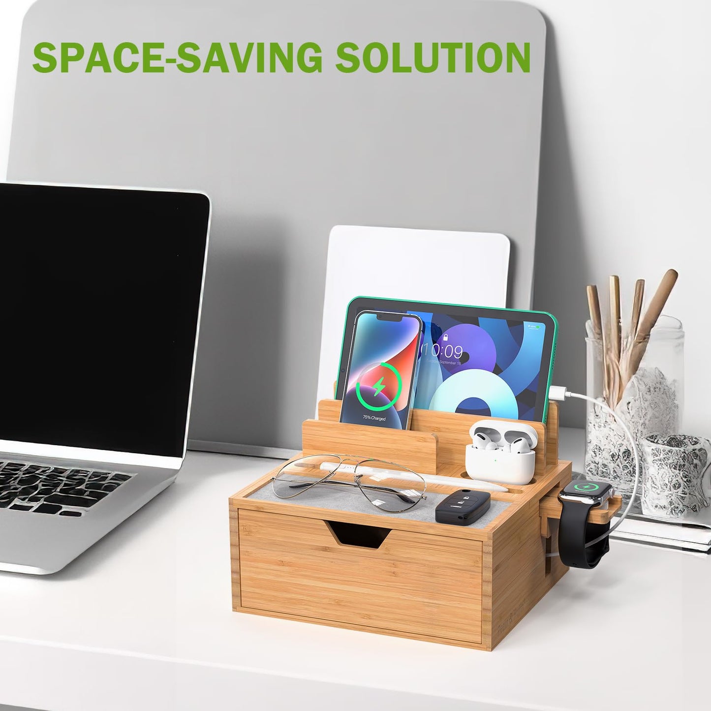 Pezin & Hulin Bamboo Charging Station with Lined Tray & Drawer, Desktop Dock Organizer with USB Wall Charger, Compatible with Tablet, Cell Phone, Earbuds, Smartwatch, and More