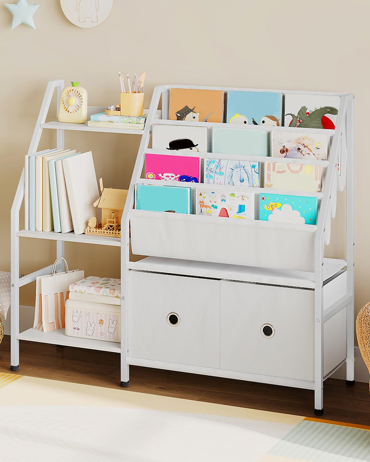 CHOEZON Kids Bookshelf and Toy Storage, 4-Tier Sling Bookshelf for Kids, Kid Book Shelf with 3-Tier Storage Shelf and 2 Drawers, Toddler Bookshelf for Kids Room, Nursery, Classroom, White TCW10WB