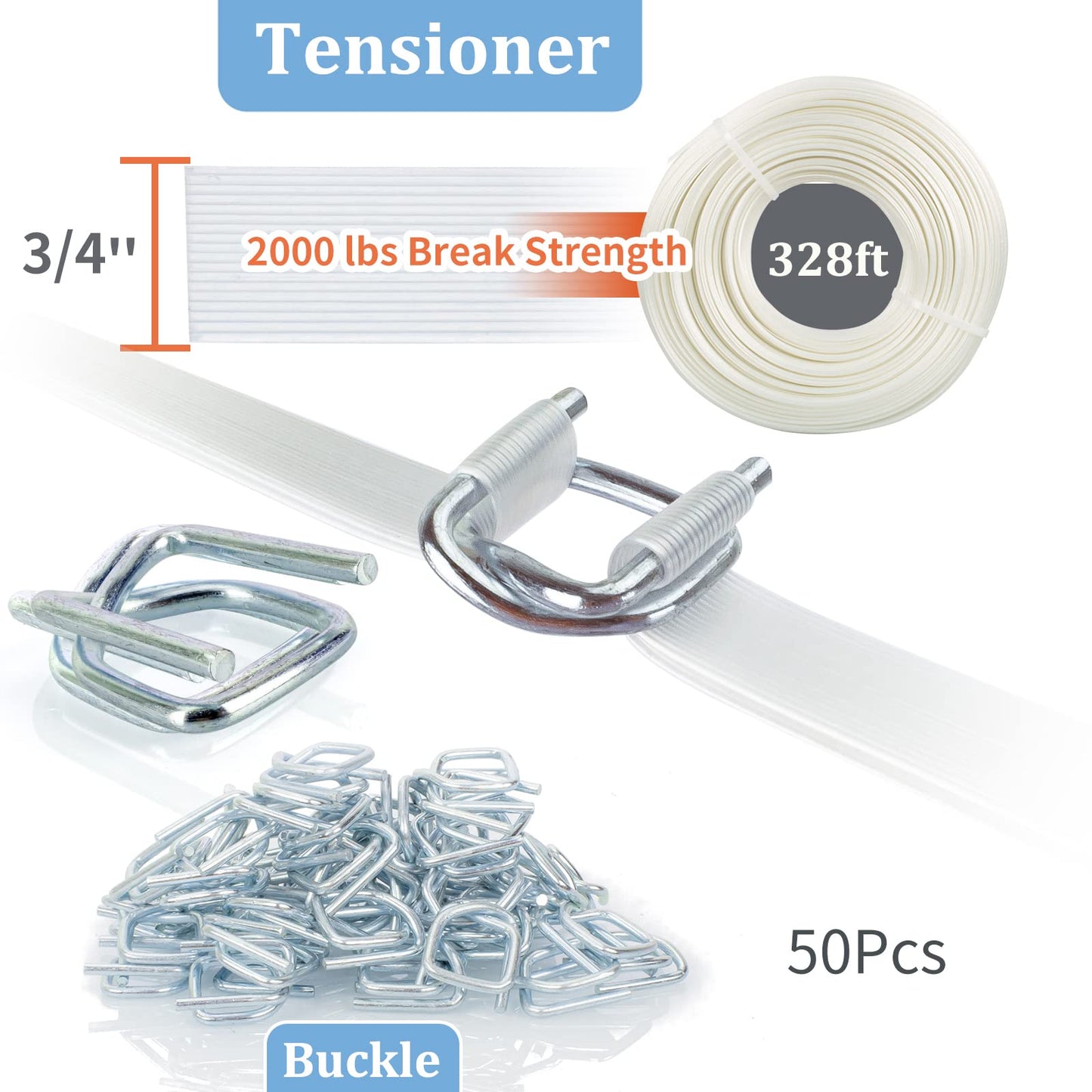 Woven Cord Strapping Kit, 2000 lbs Break Strength, Heavy Duty Strapping Tensioner, 50pcs Strapping Buckles and 328ft Fiber Woven Cord Strapping Roll 3/4" Width Soft Polyester