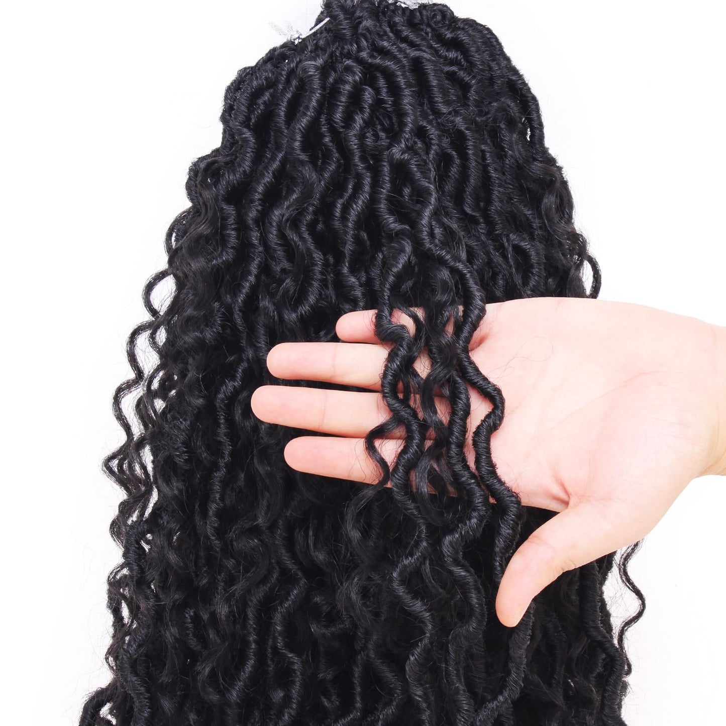 Xtrend 8 Packs River Boho Faux Locs Crochet Hair 12Strands/pack Wavy With Curly Hair Pre-looped Synthetic Bohemian Goddess Locs Crochet Braids Hair Extensions (1B 30Inch)