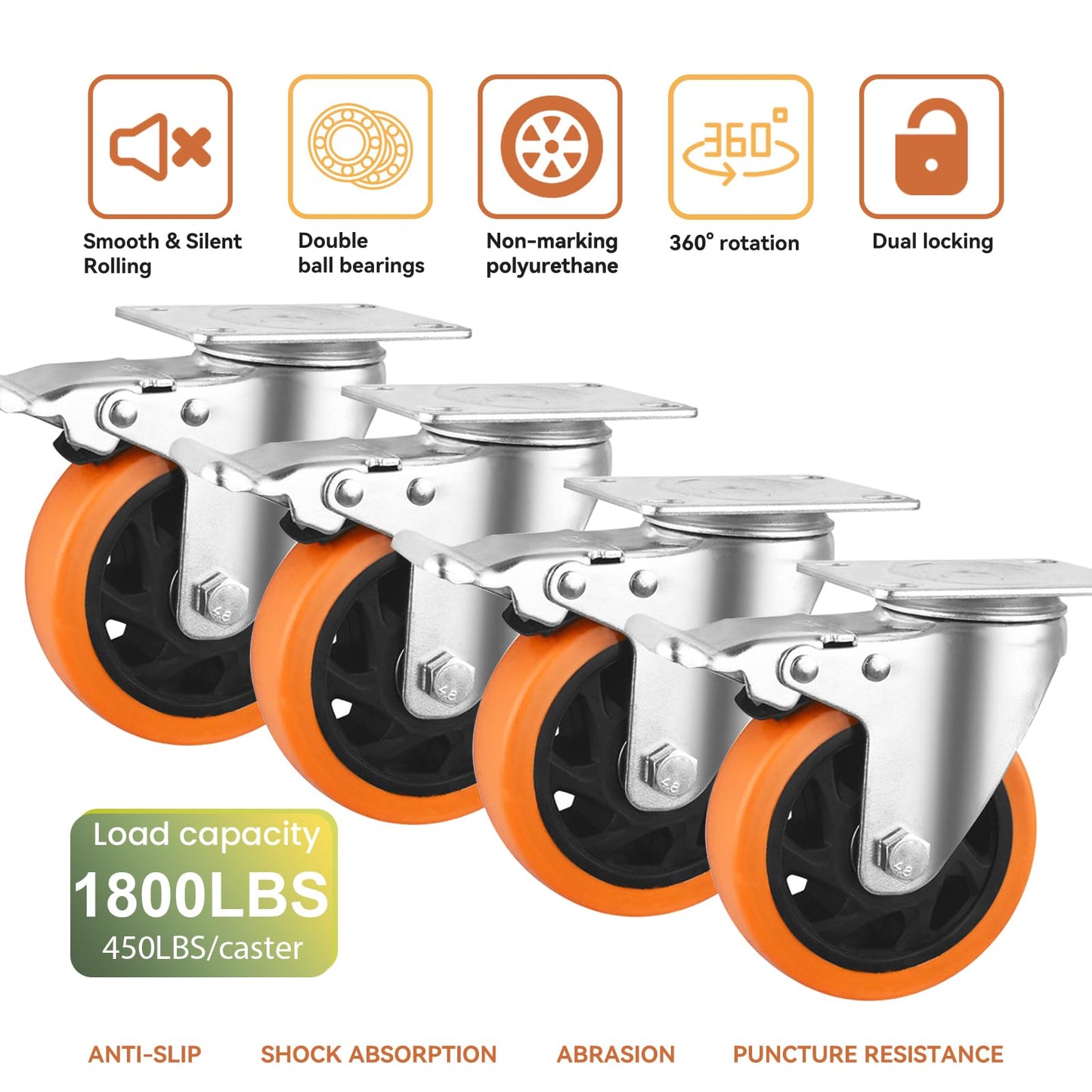4 Inch Caster Wheels, Casters Set of 4 Heavy Duty Load 1800lb, Orange Polyurethane Swivel Casters with Brake, No Floor Marks Locking Castor Wheels for Cart Furniture Workbench (with Hardware Kits)