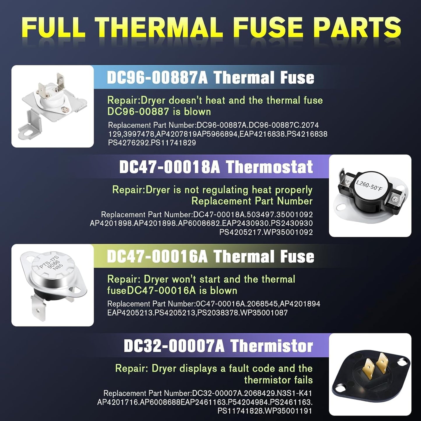 2025 UPGRADE DC47-00019A Dryer Heating Element Compatible With Sam-sung Ken-more dv42h5000ew/a3 dv45h7000ew/a2, DC47-00016A DC32-00007A DC96-00887A Thermal fuse DC47-00018A Thermostat Kit - Podoy