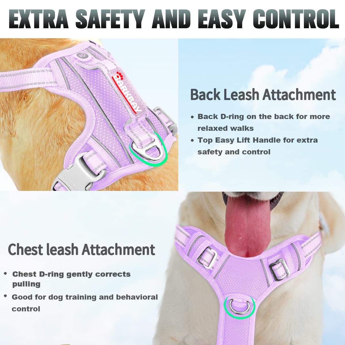 BARKBAY No Pull Dog Harness Large Reflective Dog Harness with Front Clip and Easy Control Handle for Walking Training Running with ID tag Pocket(Violet Purple,L)