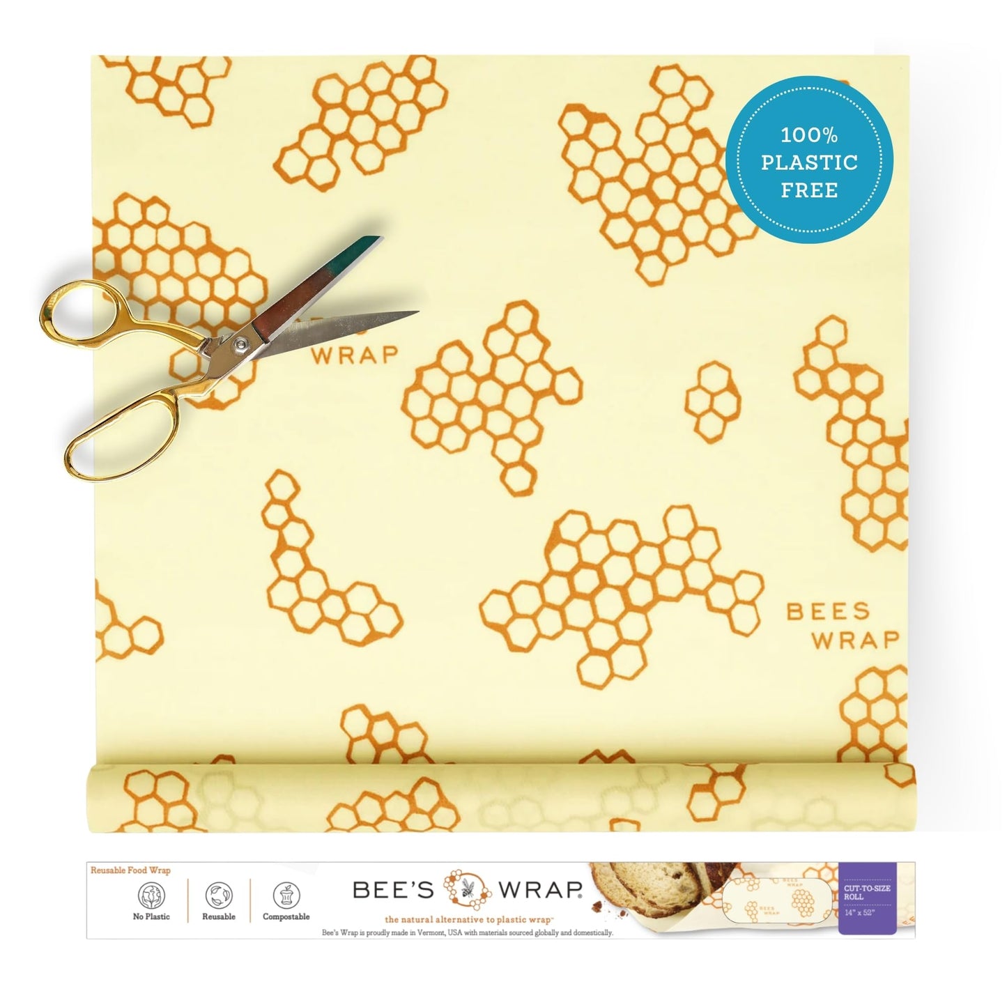 Bee's Wrap Beeswax Wraps for Food - Cut to Size 14x52" Wax Paper Roll - Made in USA Reusable Waxed Paper & Bowl Covers - Organic & Eco-Friendly Alternative to Aluminum Foil & Plastic Wrap, Honeycomb